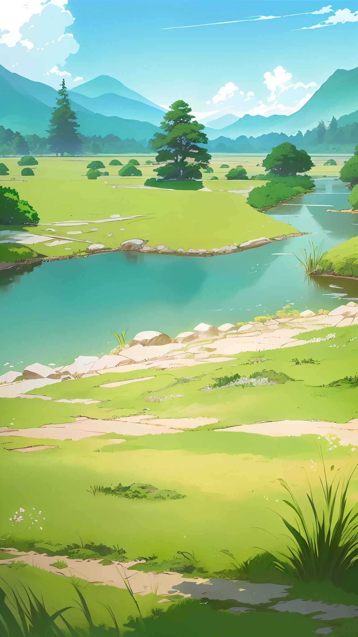 There is a cartoon picture,Beautiful green landscape with lake, anime countryside landscape, arte de fundo, Detailed scenery —width 672, Anime background art, Anime landscape, background artwork, Anime landscape concept art, anime landscape wallpapers, ross tran. scenery background, peaceful landscape, Anime Nature, beautiful anime scenery, landscape artwork, Anime landscapes, View of Ghibli Studio