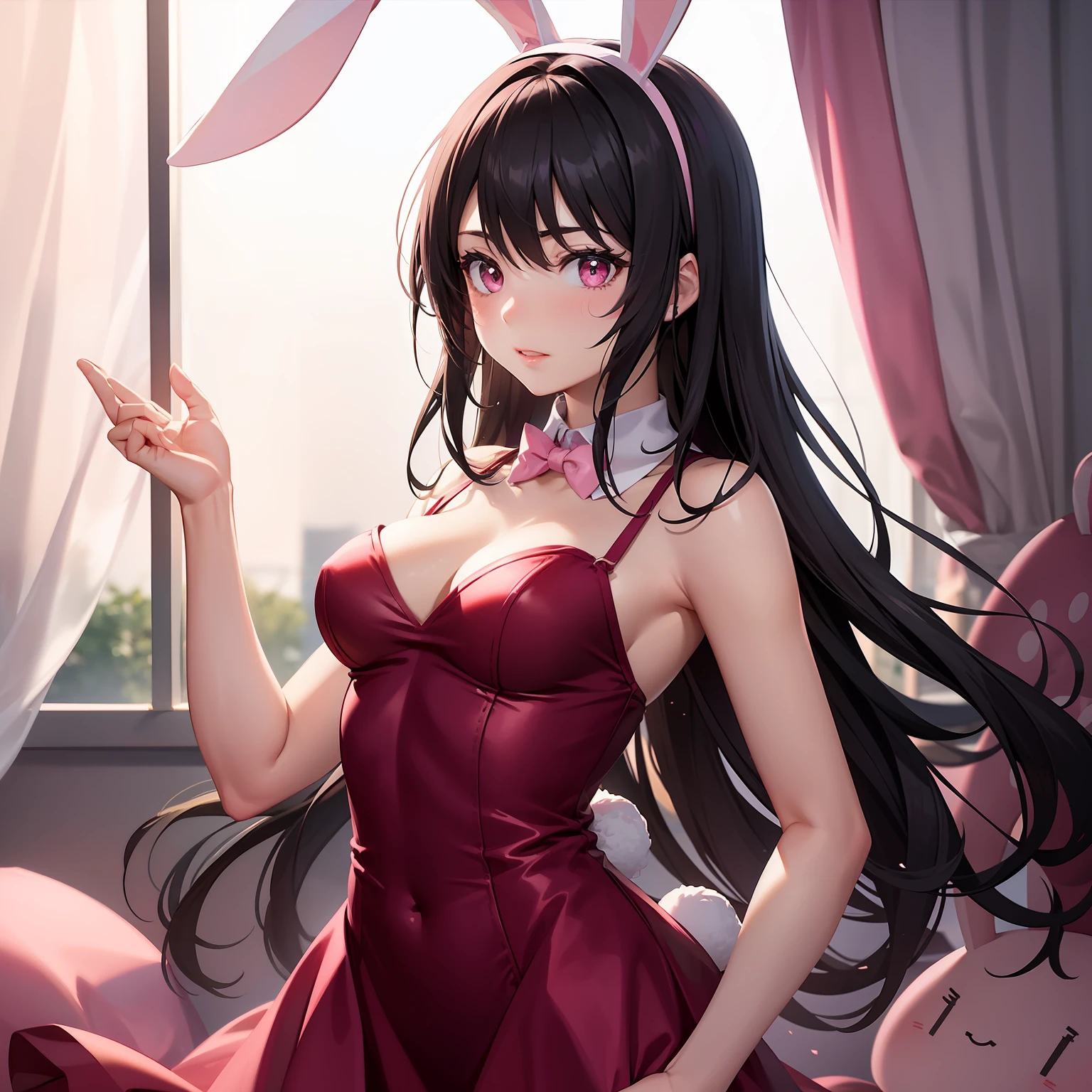 a women, pink bunny ears, black hair, pink eyes, pink dress