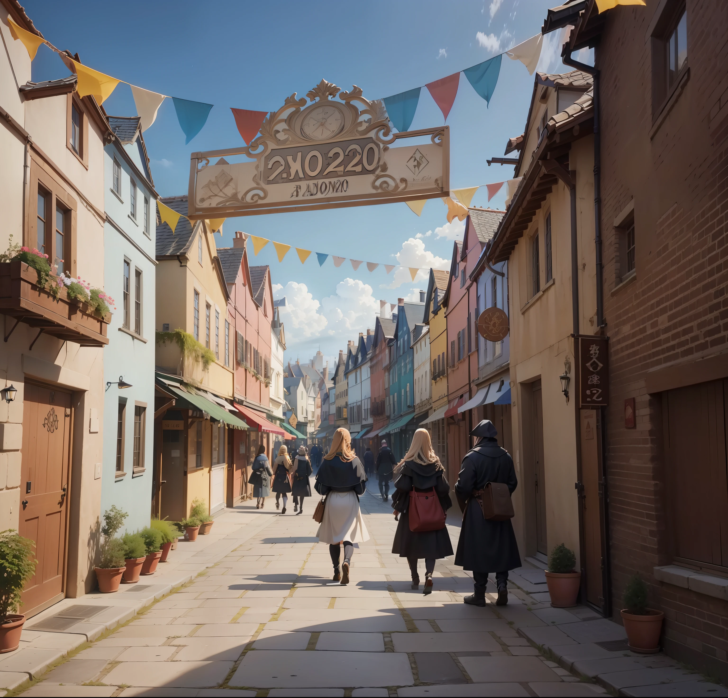 anime screenshot　Fine line art 2020s anime　Old Towns of Medieval Europe　Ocean wind　Medieval European house made of brick　　Old crumbling cobblestones　Brick　Lively party　Anime of the 2020s　　Screenshot　　　omatsuri　Parti　carnival　busy　noisy　　store clerk　Marche　There is a sign written in the mysterious alphabet