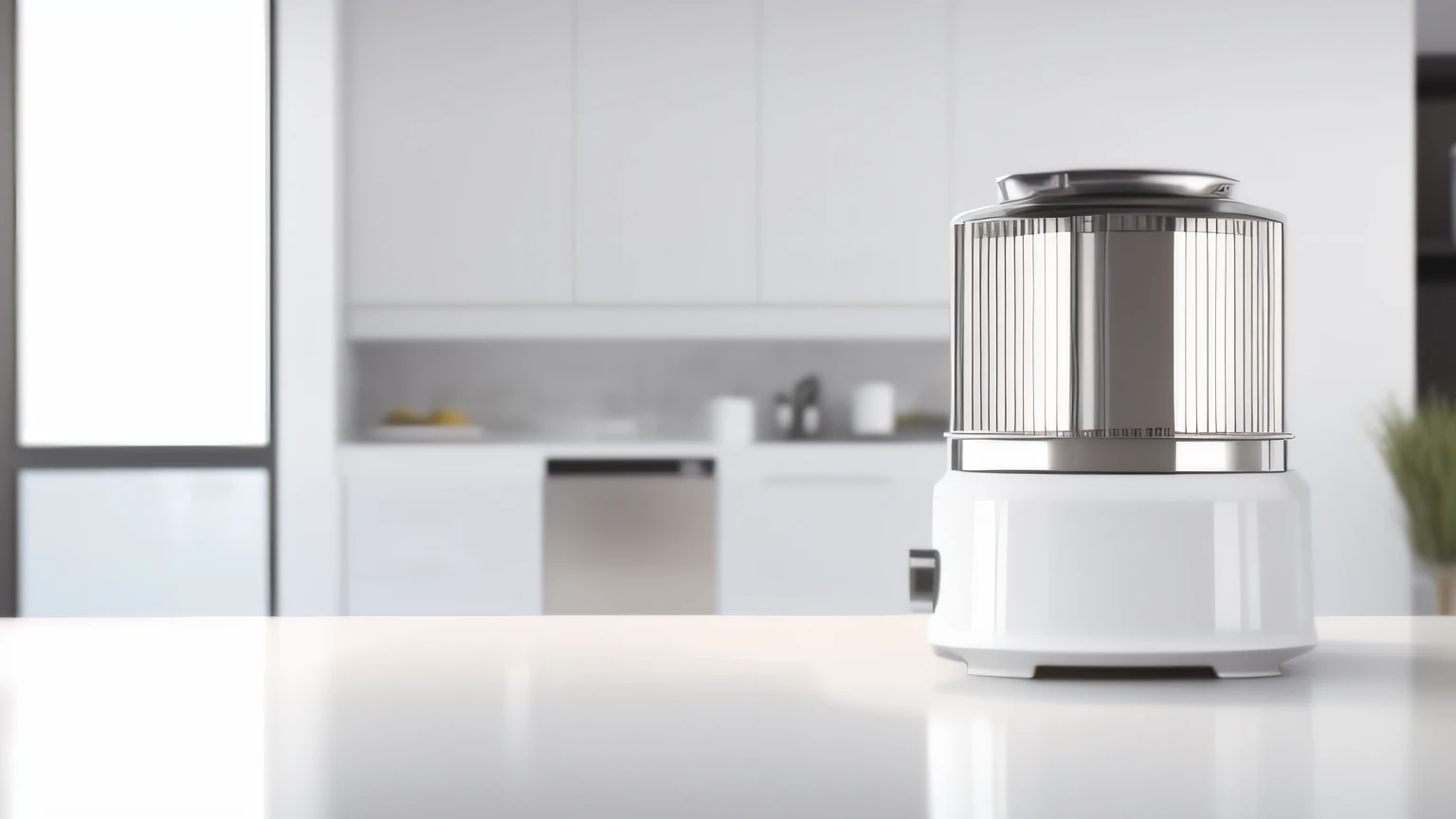 There is a white ice cream maker on the kitchen counter,unreal engine rendered,computer render,hyper photorealism,icey,cold shades,inside in room