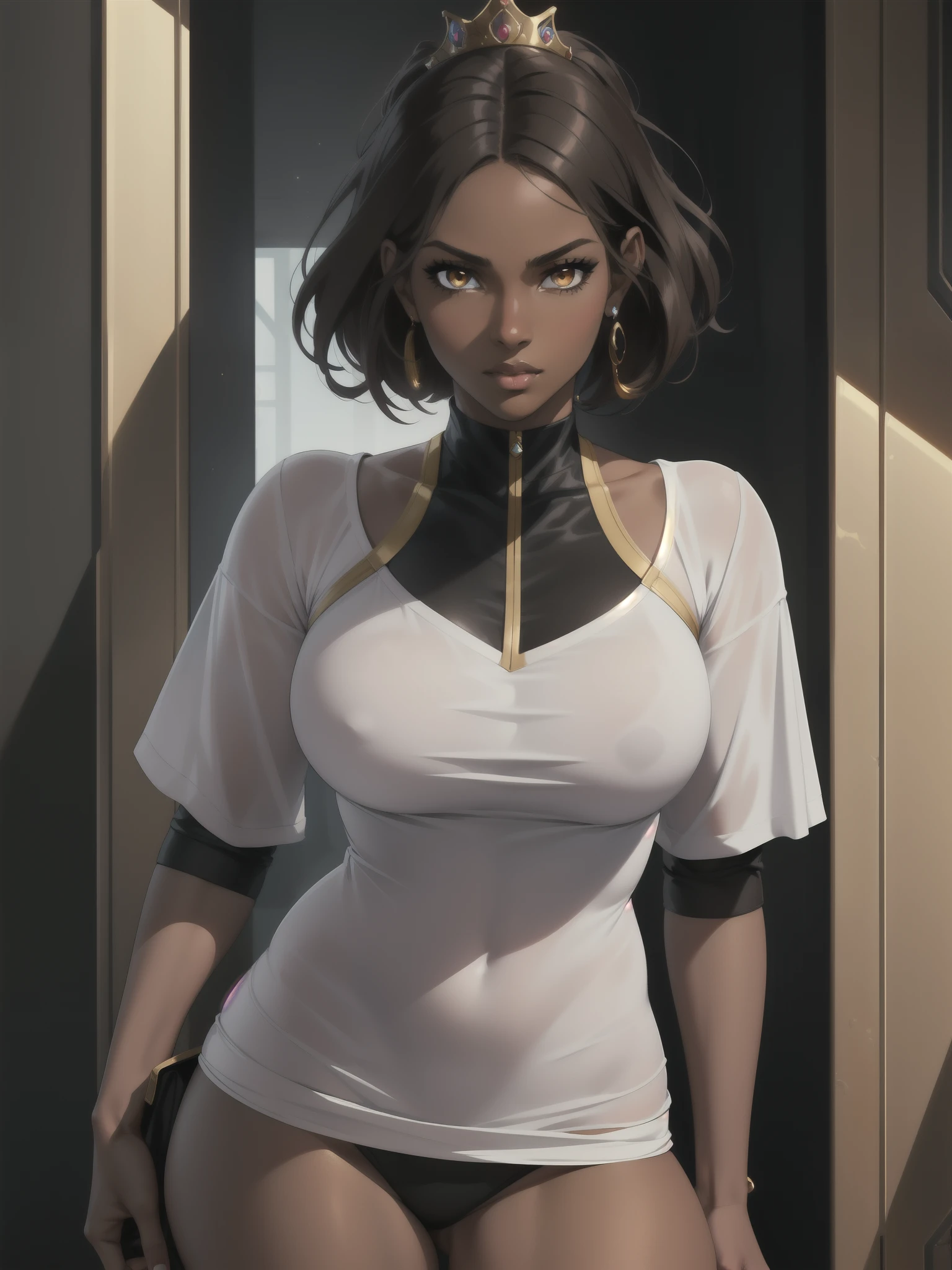 Portrait, Masterpiece, Excellent, 1girl, solo, complex details, color diffusion, close-up, dark-skinned female, tall female, brown skin, black skin, ebony, thighs, athletic, brown hair, golden eyes, sexy attire, casual attire, badass, Princess, royalty, Sci-Fi, Fantasy