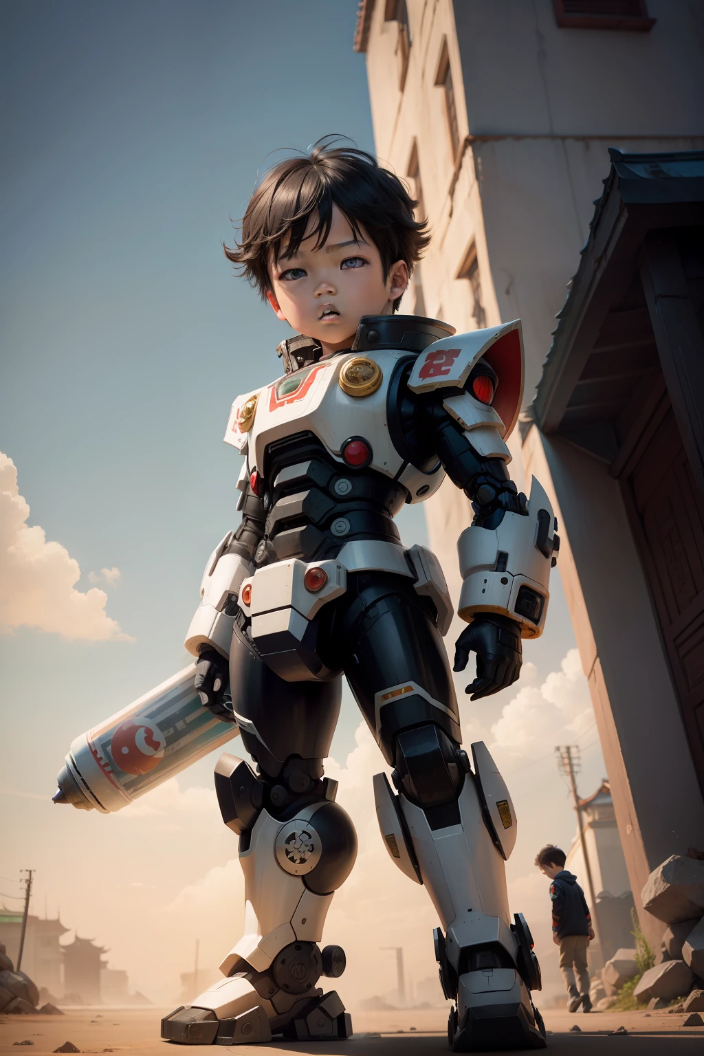 A in mecha style,A big lollipop in hand,The background is replaced by an ancient Chinese style building