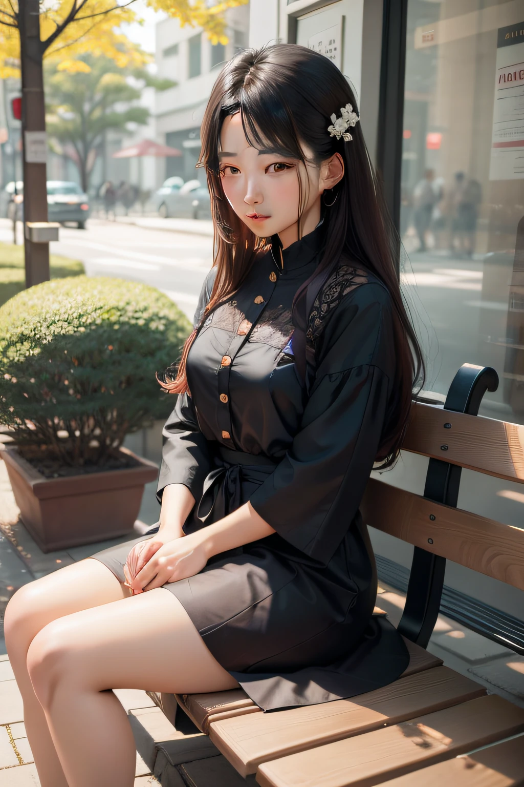 there is a woman that is sitting down on a bench,There was a plant in front of her, jaeyeon nam, Choi Hyun-hwa, A young Asian woman, sangsoo jeong, beautiful Korean women, Korean woman, gongbi, korean artist, wenfei ye, Beautiful young Korean woman, jiyun chae, Korean girl, Kim Tae-joon, bae suzy