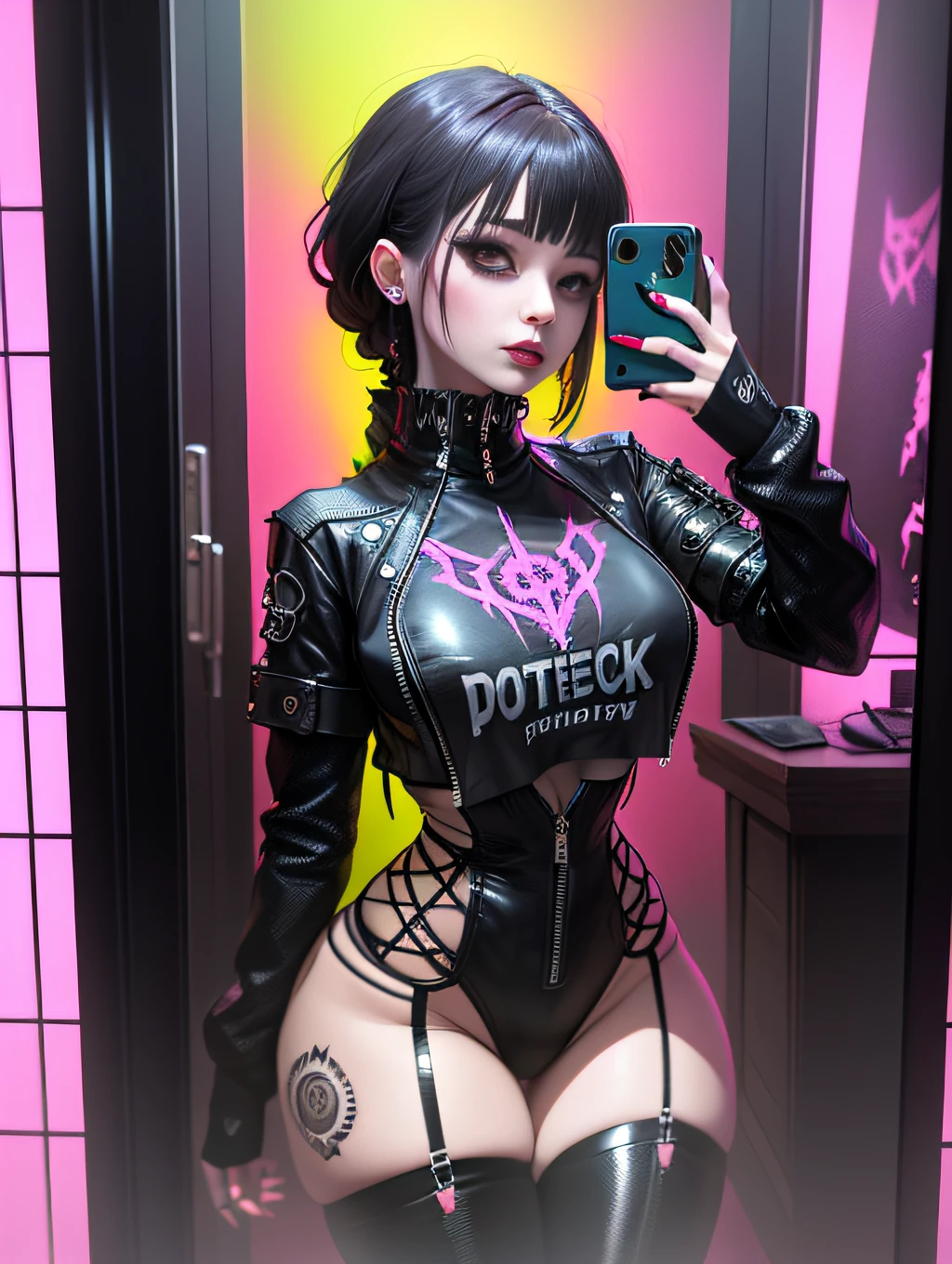 Araffe girl with black hair takes a selfie in the mirror, goth girl aesthetic, goth aesthetic, Cybergoth, goth girl, cyberpunk setting, The Gothic Aesthetics of Darkwave, mall goth, 20-year-old goth girl, Gothic atmosphere, Pastel Gothic aesthetics, Clothes in the style of gothic-punk, ghotic style, all black cyberpunk clothes, Neogot, outfit photo, Gottkor,The face is described in detail,The hands are described in detail, Masterpiece,The face is described in detail,Phone number with detailed description,The fingers are described in detail,Body detail