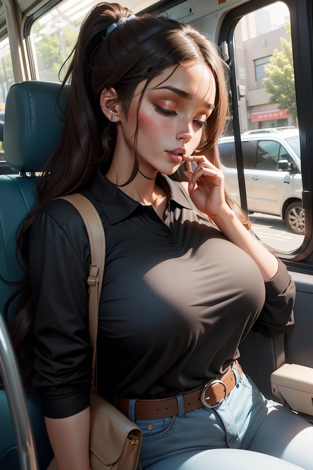 1 beautiful woman, large body, black and brown hair on the ends, ponytail, made-up eyelids, black long-sleeved polo shirt with neckline, neckline, straps on the neckline, light blue jeans, cream handbag, wearing headphones, sleeping with her mouth open , asleep in the bus seat, hanging head.