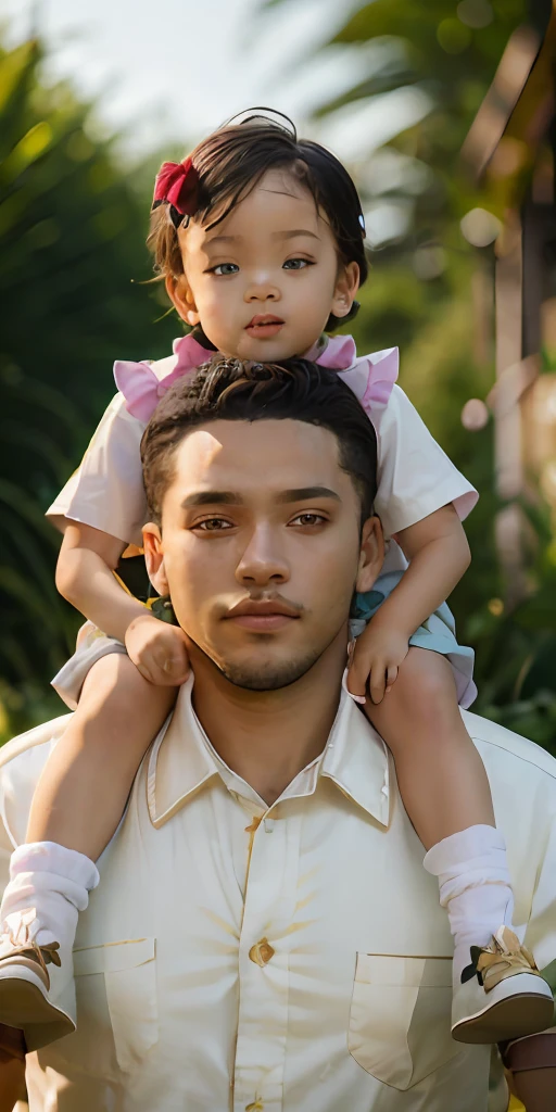 A father and son, Son riding father's shoulders, Sortie sur le terrain, de nombreux ballons, content, content, perfect quality, Objectif clair (Encombrement-maison: 0.8), (Masterpiece: 1.2) (Realstic: 1.2) (Bokeh) (Best quality) (detailed skin: 1.3) (Intricate details) (8k) (detail eyes) (mise au point nette), (content)