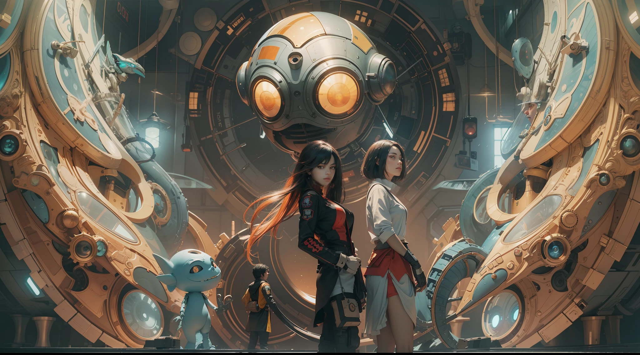 (best qualtiy,ultra - detailed,Best Illustration,Best shadow,masterpiece,A high resolution,professionalartwork,famous artwork),sci-fi,It depicts a young couple wearing colored sclera and a huge alien big cute with robot eyes, by Makoto Shinkai,by Artgerm,by wlop,by Greg Rutkowski,Volumetric lighting,octane render,4K,Trending on ArtStation,masterpiece