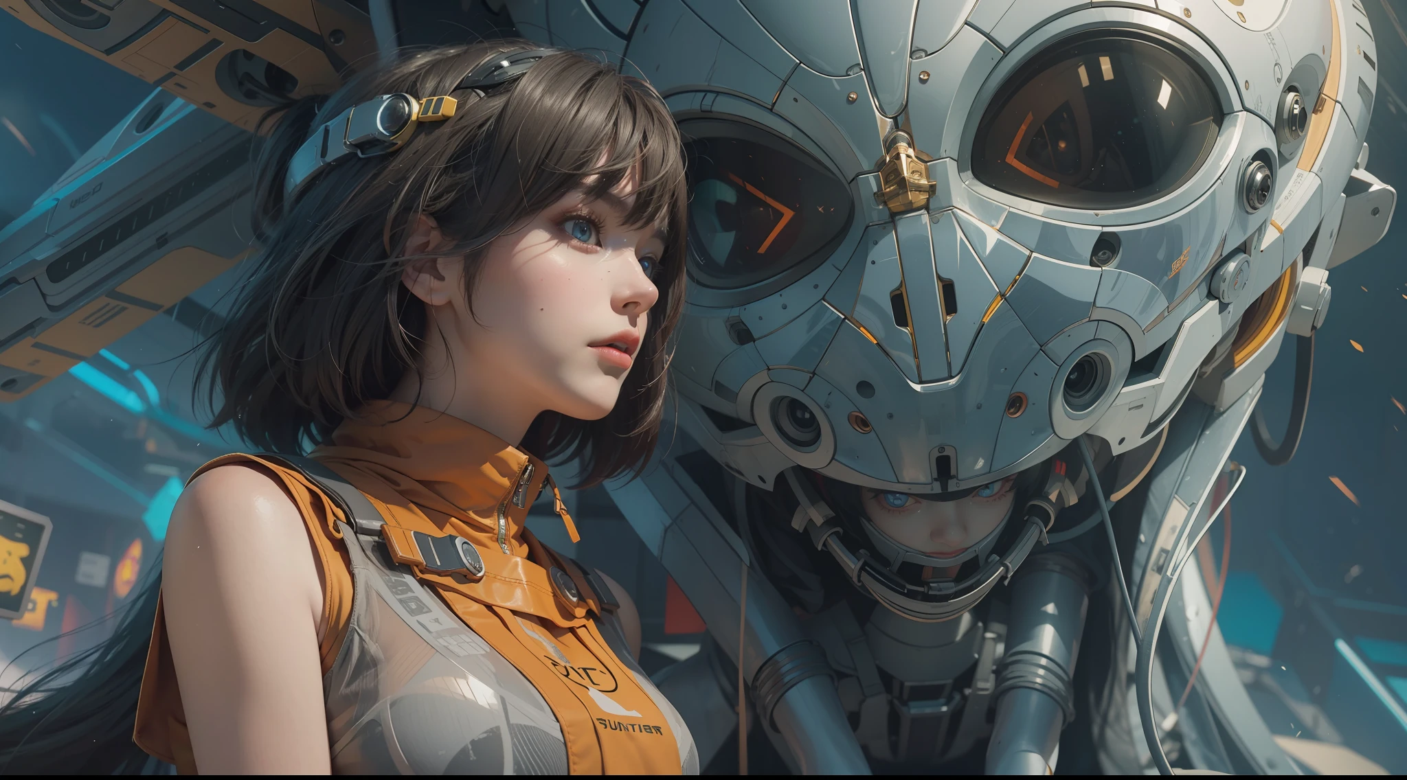 （best qualtiy，ultra - detailed，Best Illustration，Best shadow，masterpiece，A high resolution，professionalartwork，famous artwork），sci-fi，It depicts a young couple wearing colored sclera and a huge alien big cute with robot eyes， by Makoto Shinkai，by Artgerm，by wlop，by Greg Rutkowski，Volumetric lighting，octane render，4K，Trending on ArtStation，masterpiece