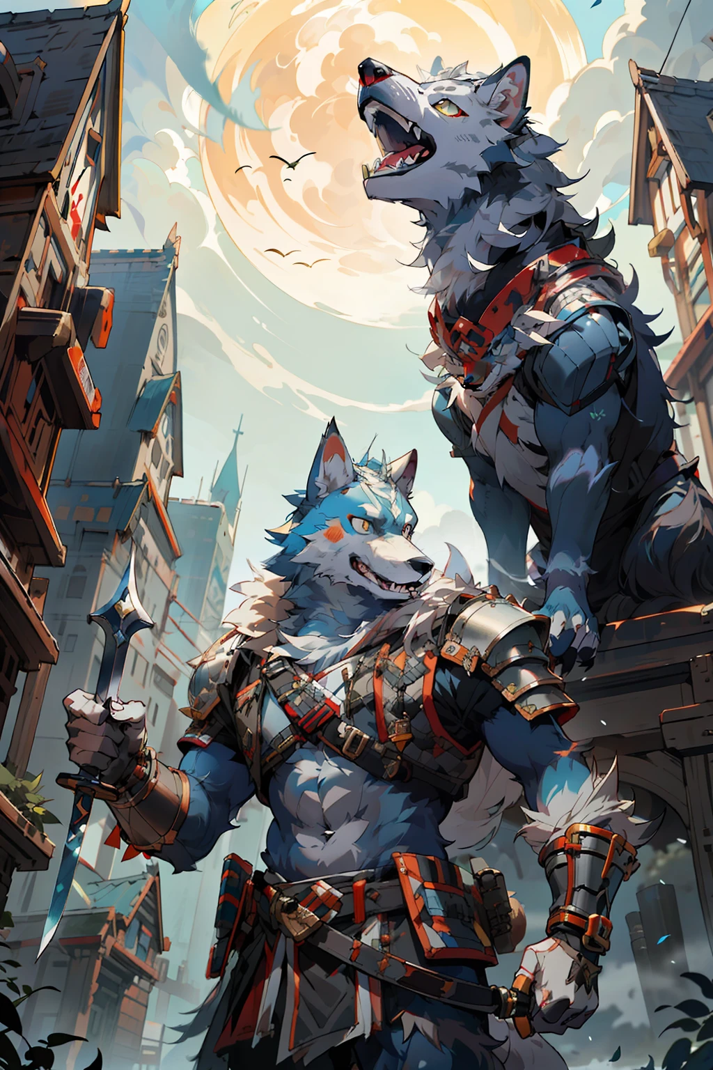 arafed wolf and a man with a sword in a city, furry fantasy art, anthro art, very very beautiful furry art, 2. 5 d cgi anime fantasy artwork, detailed digital 2d fantasy art, good boy giant mecha wolf hound, wolf armor, husky in shiny armor, gnoll, jazza and rossdraws