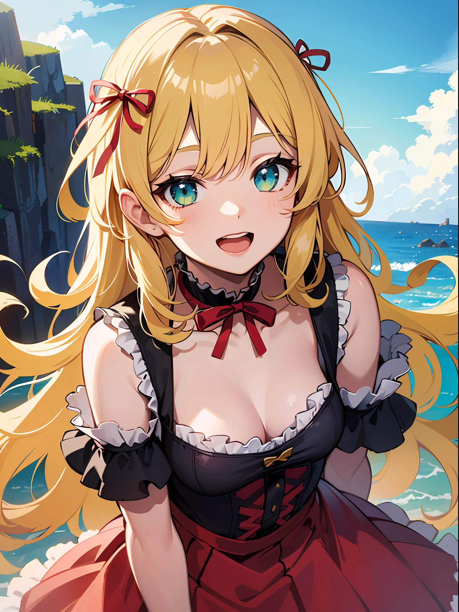 (masterpiece:1.3), (best quality:1.3), high resolution, 


upper body, 
leaning forward, body facing forward, 

(one cute girl:1.3), solo, 
white skin, small Breast, eight-headed person, 
light yellow hair, long hair, red ribbon, fluffy hair, beautiful hair, green eyes, beautiful detailed eyes, 

open mouth, cheerful smile, 

frilled dress, pink dresses, 

outdoors, ocean, castle, 

shadowlighting,