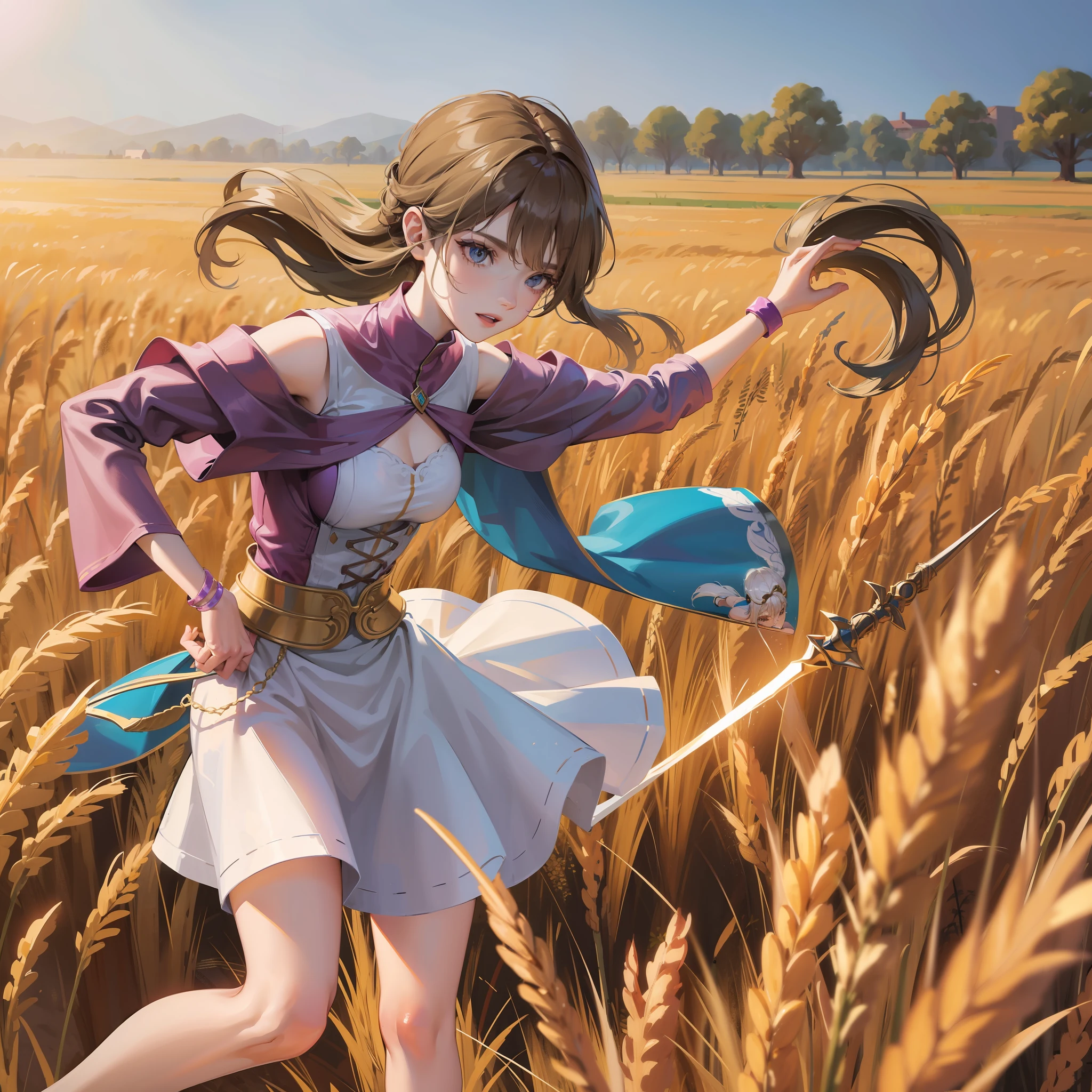 Una guerrera  corriendo con los brazos extendidos y una espada en cada mano. Run quickly through a field of grain.. Tiene el pelo largo y suelto, Lleva armadura de cuero grueso y madera.