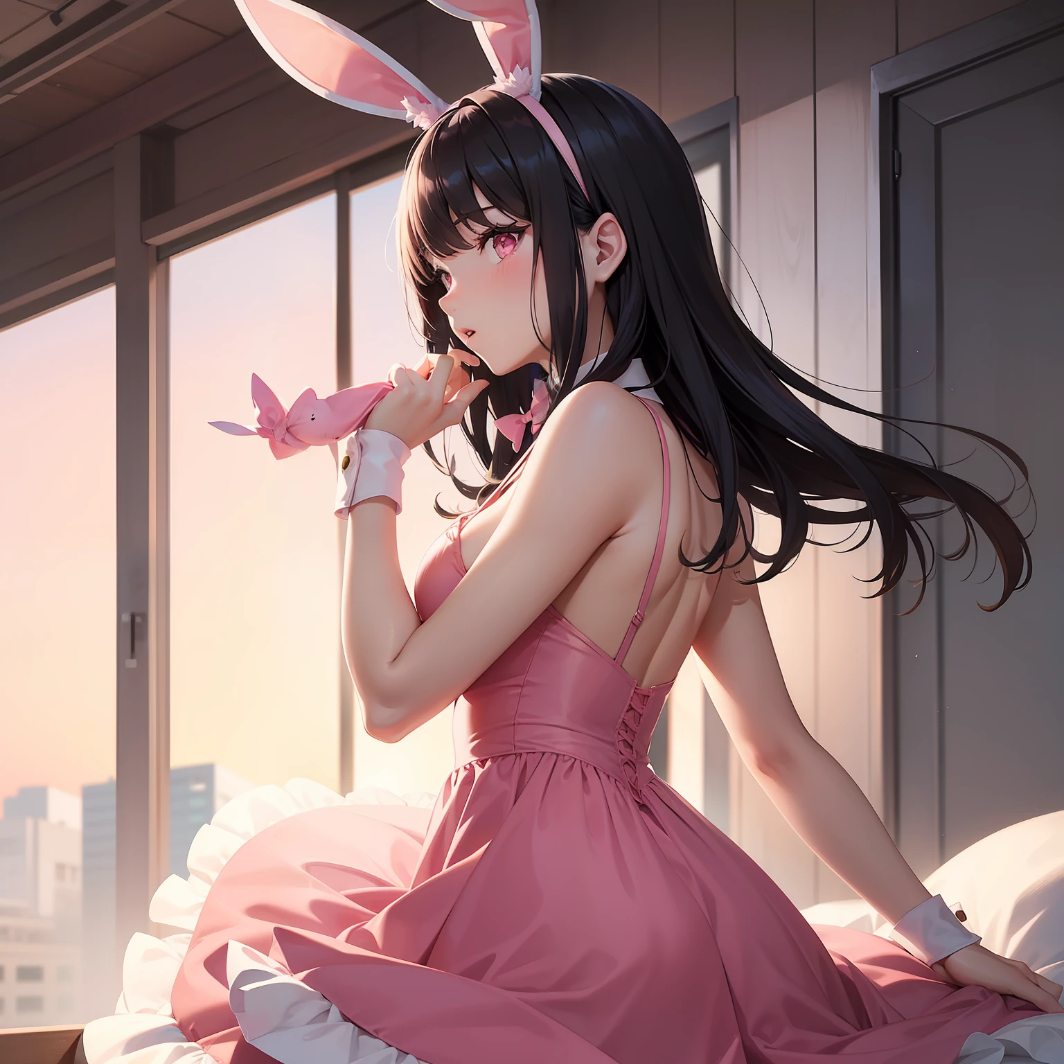 a women, pink bunny ears, black hair, pink eyes, pink dress