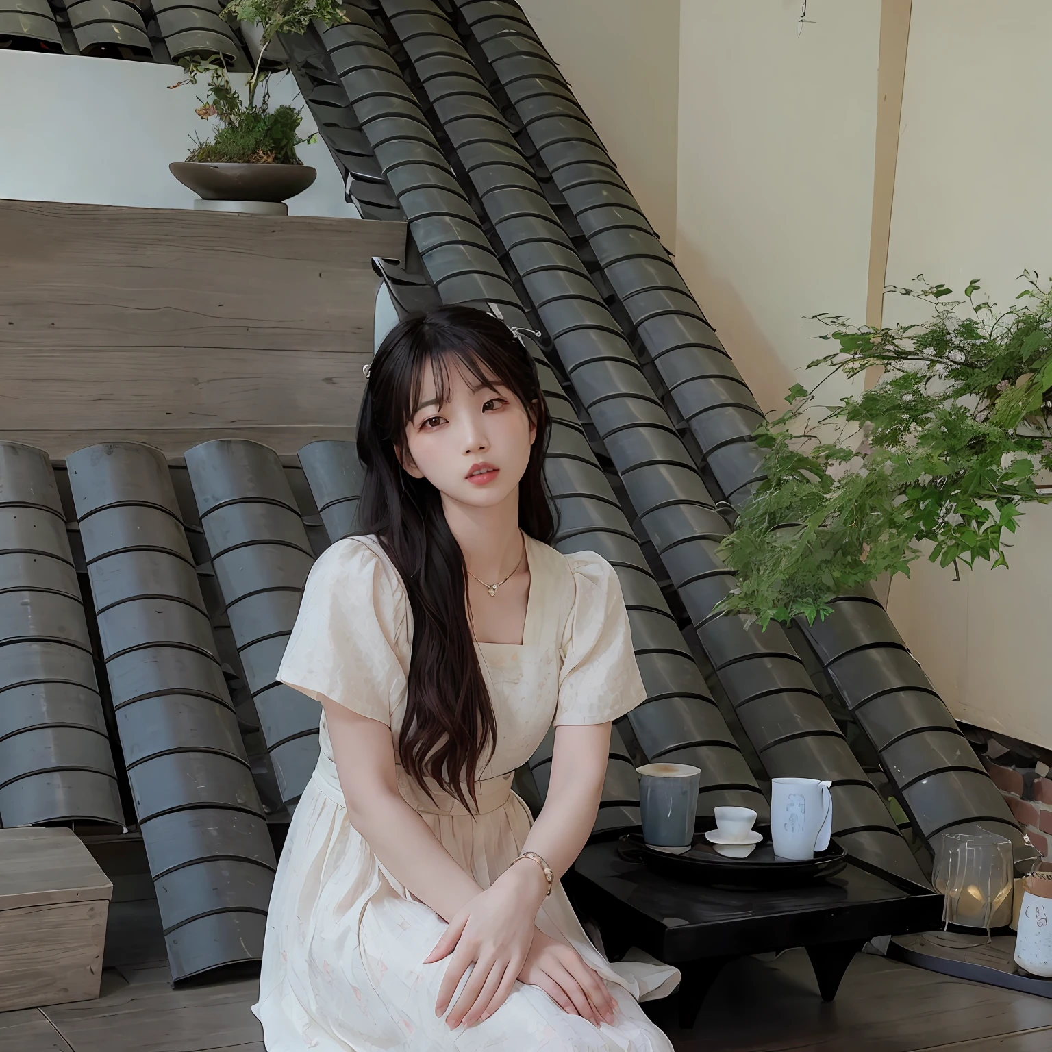 there is a woman that is sitting down on a bench，There was a plant in front of her, jaeyeon nam, Choi Hyun-hwa, A young Asian woman, sangsoo jeong, beautiful Korean women, Korean woman, gongbi, korean artist, wenfei ye, Beautiful young Korean woman, jiyun chae, Korean girl, Kim Tae-joon, bae suzy