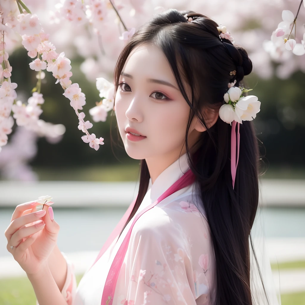 Best quality, 超高分辨率, (Photorealistic:1.8), 1girll, Blue_sky, Blurry, Blurry_Background, Blurry_foreground, branch, the bride_light yarn, Bride, cherry_blossoms, Chinese_clothes, curtain_Grab, Curtains, day, Depth_af_Field, flower, hanami, Hanfu, Lips, Long_Hair, Outdoors, parted_Lips, petals, Pink_flower, Pink_Theme, plum_blossoms, Shawl, Solo, Solo_Focus, Spring_\(season\), tree, The upper part of the body_Body, light yarn, Wedding, Wedding_dress, wisteria
