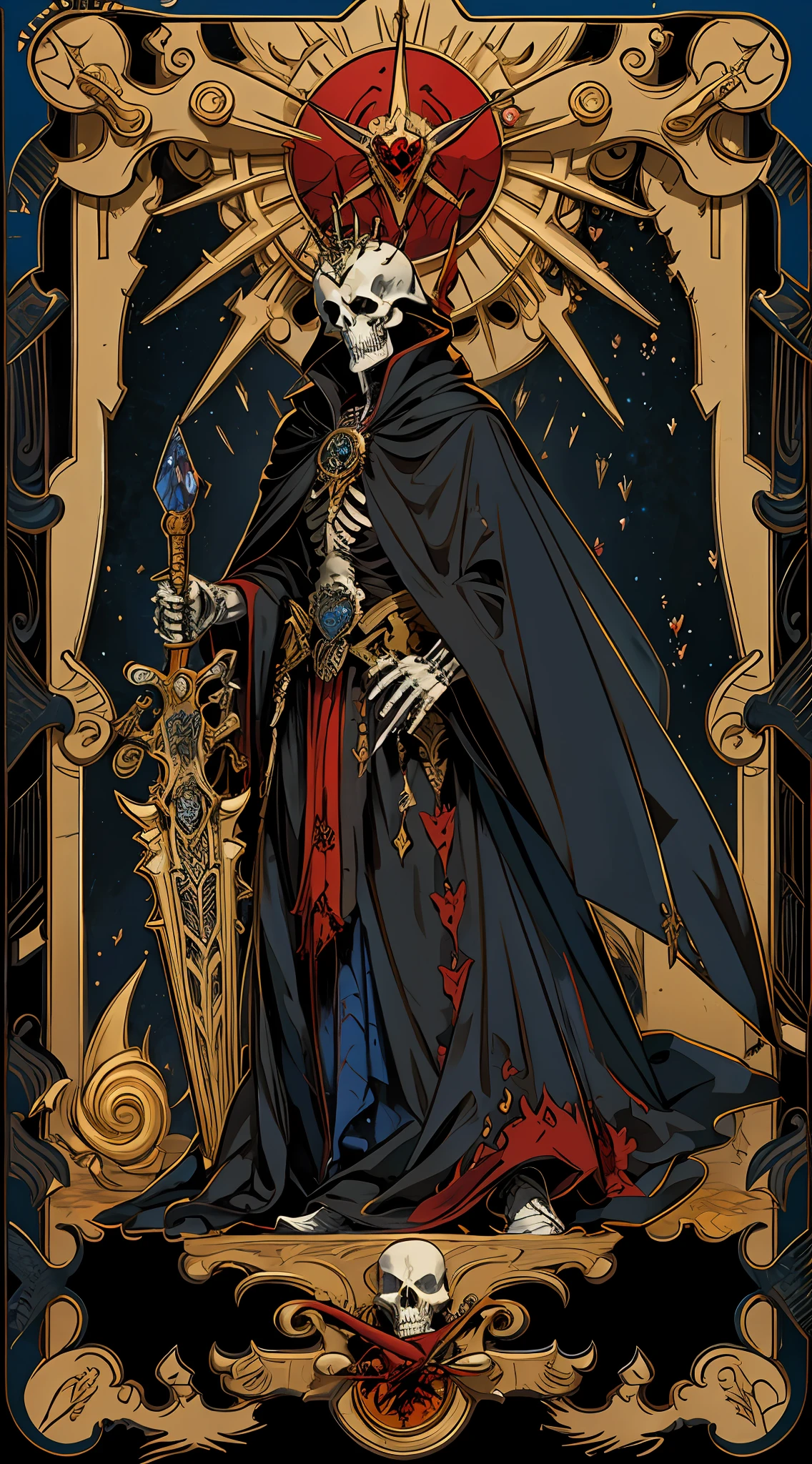 Gold frame,tarot cards, hyper HD, 16k, Best quality, Super detail, Anatomically correct, Masterpiece, High details, A high resolution,Solo,A photo of a skeleton with a red heart in his hand, Azul dress, Skeleton King, From the hegemon, Overlord!!!, beautiful male god of death, king of time reaper, lord of death,, skelleton, thanatos, , lich, undead skeleton king, Super Death, Undead Ish, shinigami,grinning smile