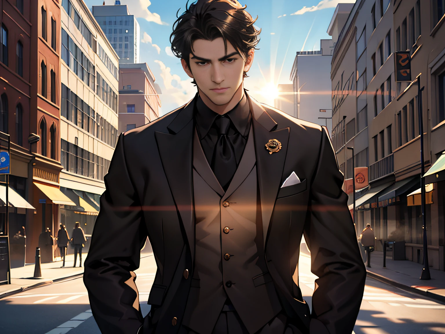 There is a man in a suit standing in the middle of a street - SeaArt AI