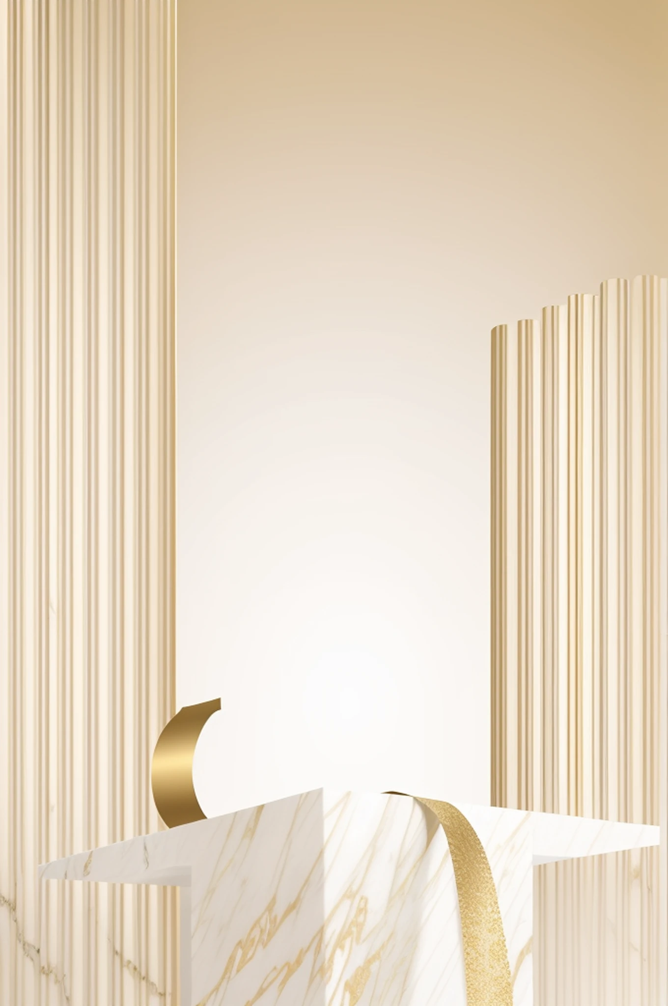 On the table was a bag,There is a gold ribbon on it, marble columns in background, background art deco palace, white and gold color scheme, art deco background, Solid gold pillars, golden and white, White and gold, Relaxed. gold background, golden pillars, marble and hint gold, beige and gold tones, background made of big curtains, vertical wallpaper