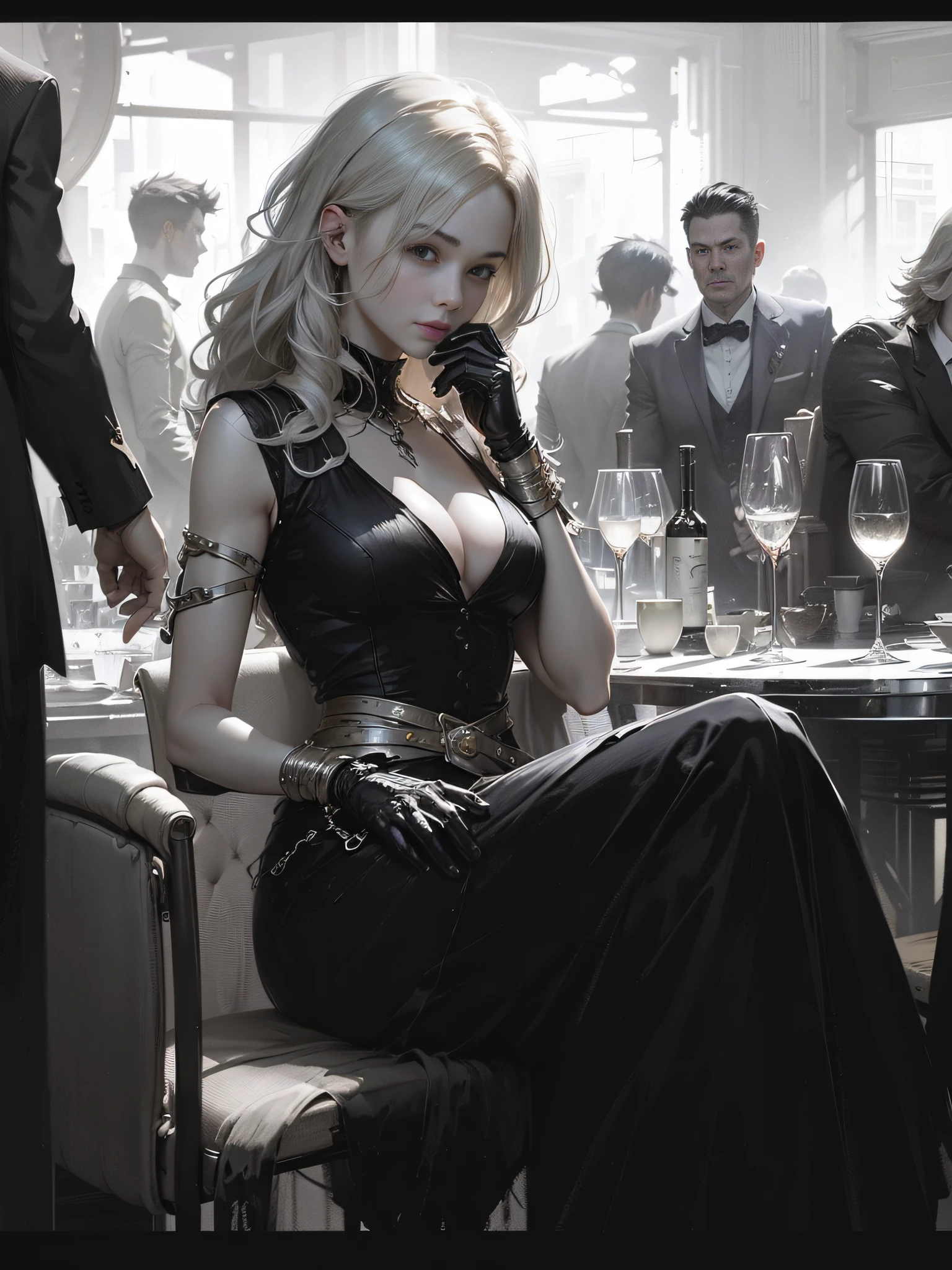 There was a woman sitting at the table，With a glass of wine, Look at the camera，style of jeremy mann, style of raymond swanland, Ross Tran style, author：ross tran, digital art of an elegant, with influence of jeremy mann, The Madonna gender is elegantly curved, Guviz-style artwork, Charlie Bowater style, author：Gabriel Bar, by Yang J