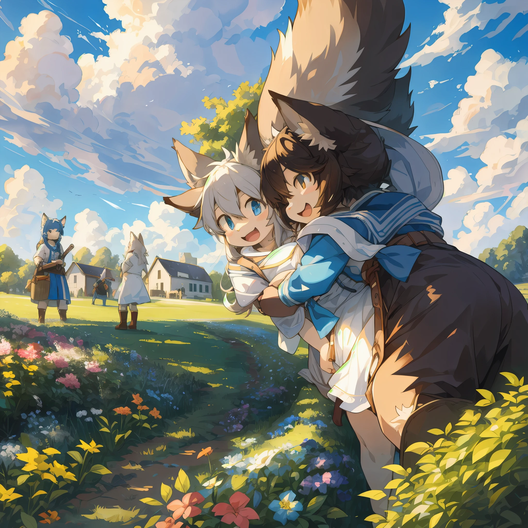 dynamic angle, top quality, best quality, High-quality illustrations, masterpiece, super high resolution, detailed background, detailed background, farmhouse, farms, blue open sky, white clouds, gardening, group shot:0.1, 6+boys, 6+girls, Happy, joyful, absurdres(highly detailed beautiful face and eyes)perfect anatomy, expression, good lighting, cinematic shadow(kemono, furry anthro),