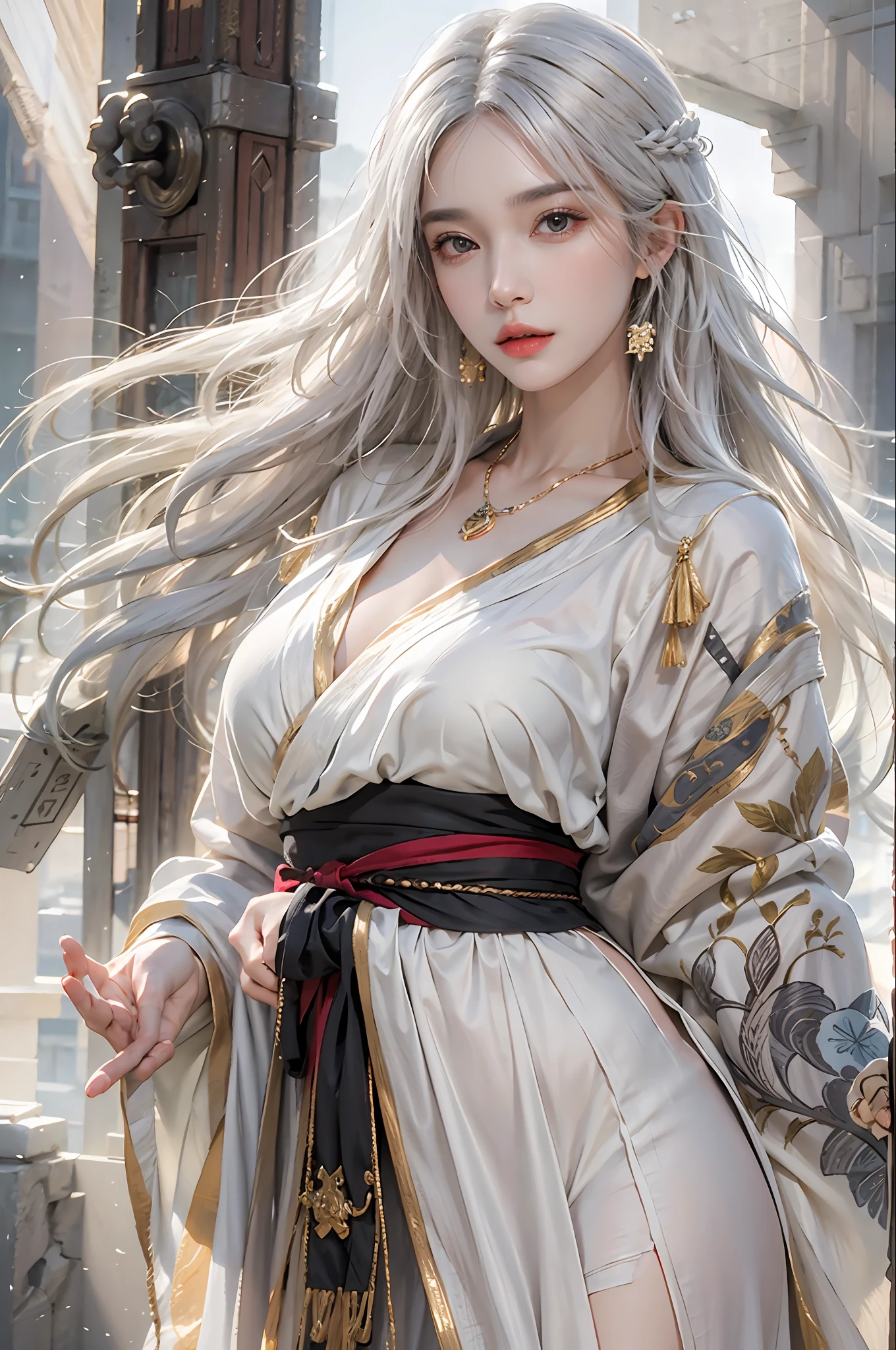 photorealistic, high resolution, 1women, solo, hips up, look at viewer, (detailed face), white hair, long hair, Taoist robe,oversized clothes, jewelry