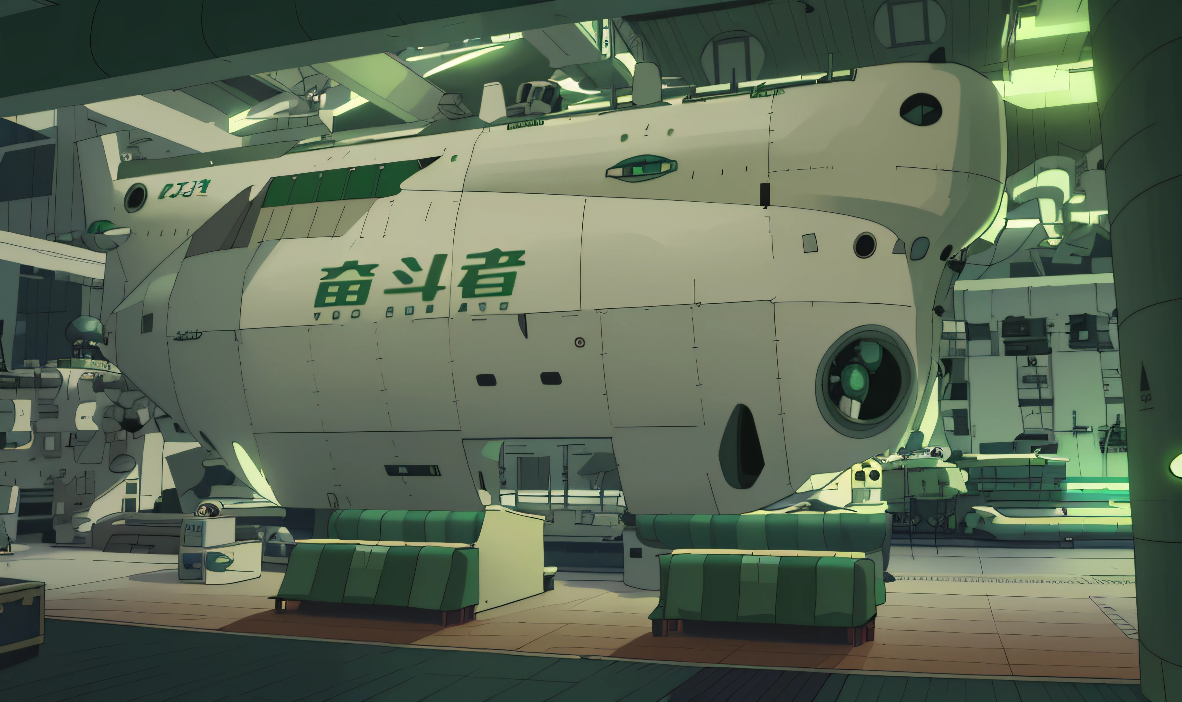 There is a large green submarine sitting in the building, the photo shows a large, fuselage, at inside of a future submarine, giant submarine, feng zhu |, it has six thrusters in the back, Zhang Pengzhen, Eat Zhuoxin, Lu Ji, under water deep sea laboratory, spaceship being repaired, cryogenic pods, zun