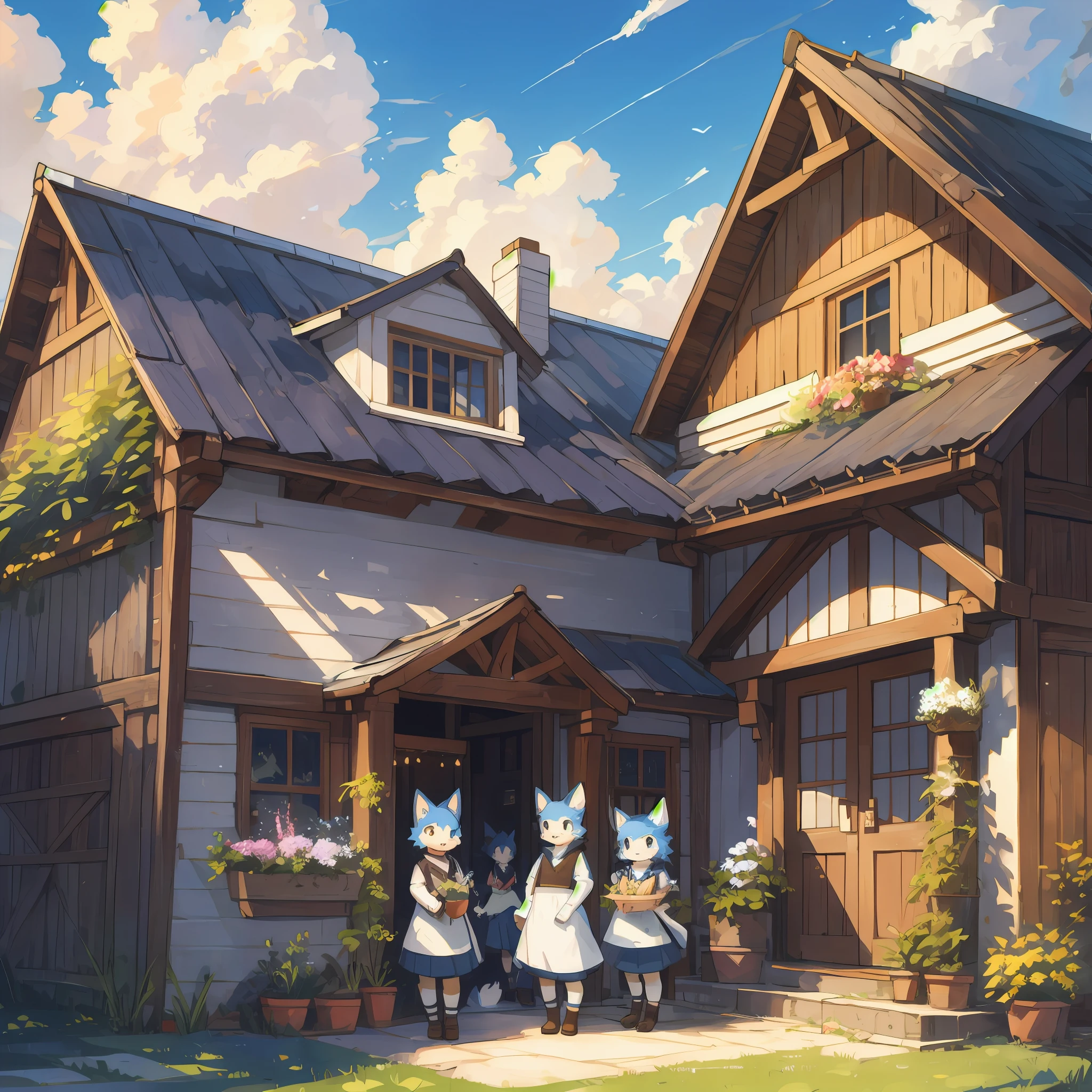 dynamic angle, top quality, best quality, High-quality illustrations, masterpiece, super high resolution, detailed background, detailed background, farmhouse, farms, blue open sky, white clouds, gardening, group shot:0.1, 6+boys, 6+girls, Happy, joyful, absurdres(highly detailed beautiful face and eyes)perfect ???????, expression, good lighting, cinematic shadow(kemono, furry anthro),