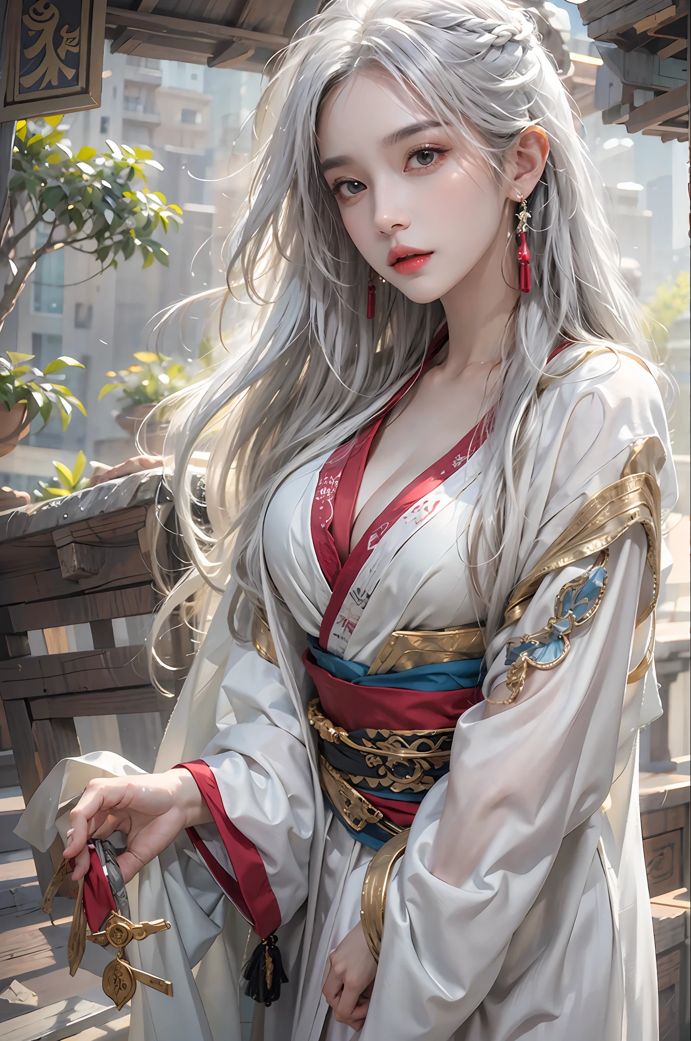 photorealistic, high resolution, 1women, solo, hips up, look at viewer, (detailed face), white hair, long hair, Taoist robe,oversized clothes, jewelry