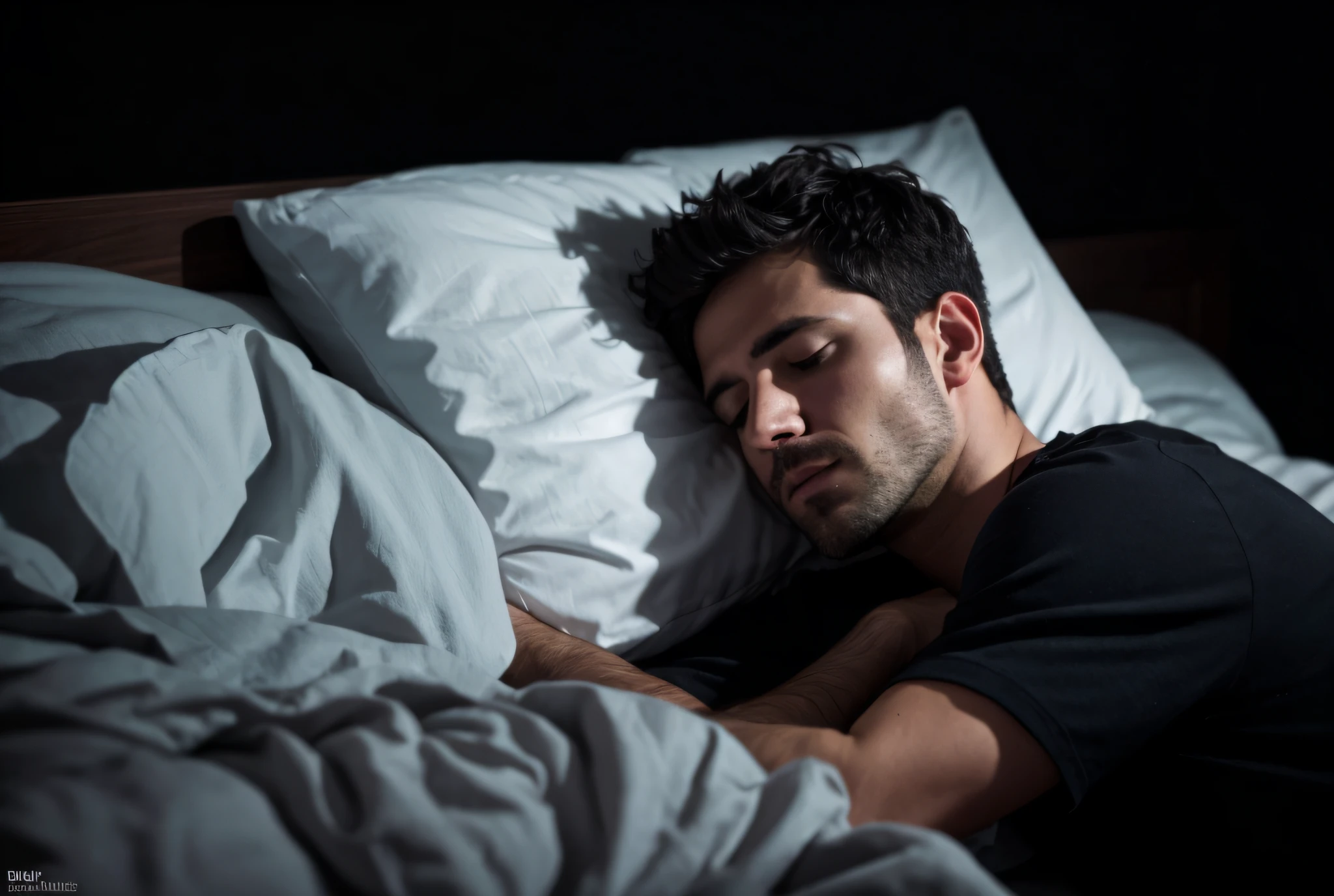 The Arafed man slept in bed,White sheets and black shirt, sleepy feeling, Sleepy, .. if only i could sleep, Sleeping, during night, night - time, Lie down in bed, Lying in bed, during night, in the night time, sleep, deep in the night, goodnight, Asleep, cold freezing nights, reddit post, calm evening. over the shoulder shot