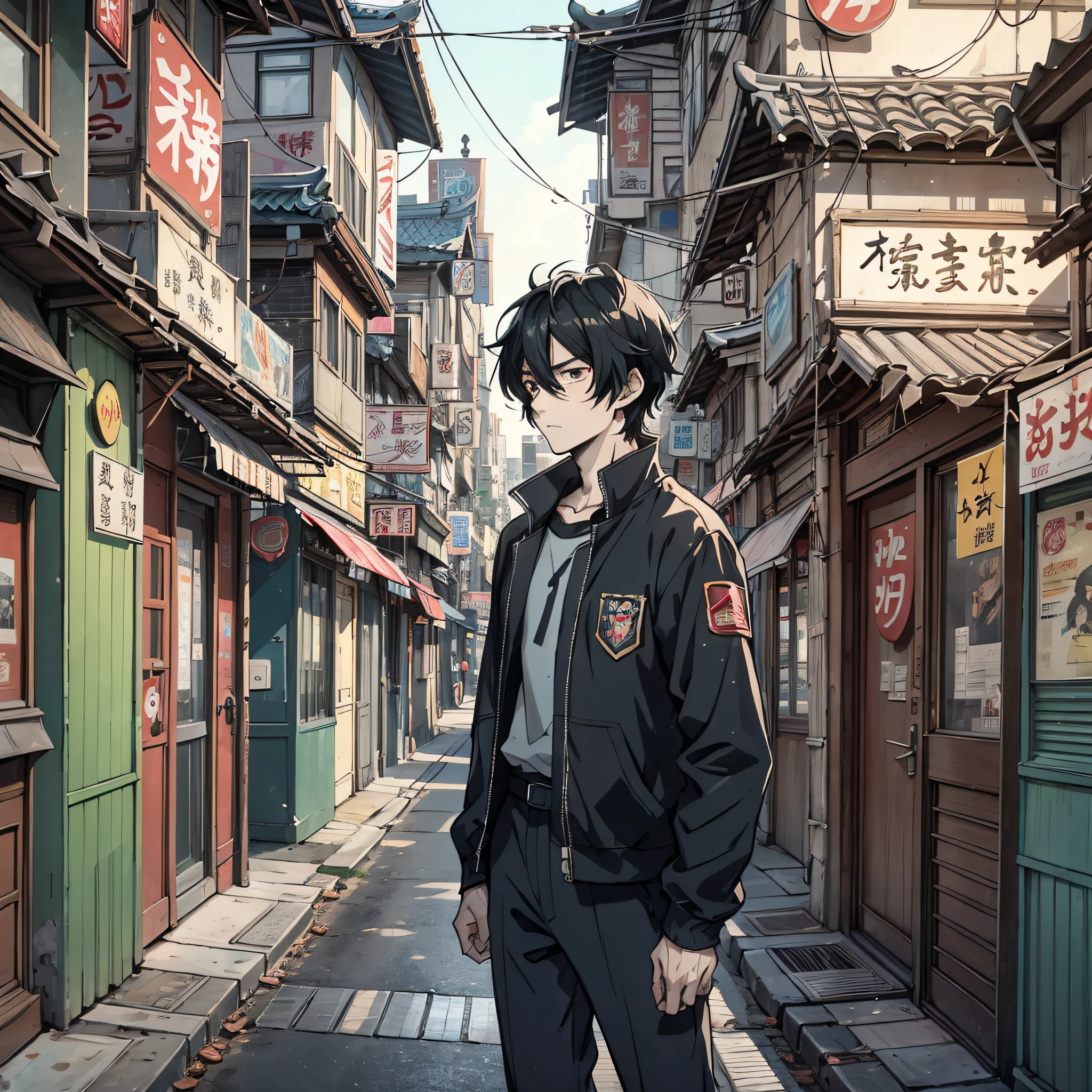 Anime style 4K,Anime rendering,style of anime,Old areas of China,A young man with messy black hair,Old neighborhood,worn-out,An expression of distress,