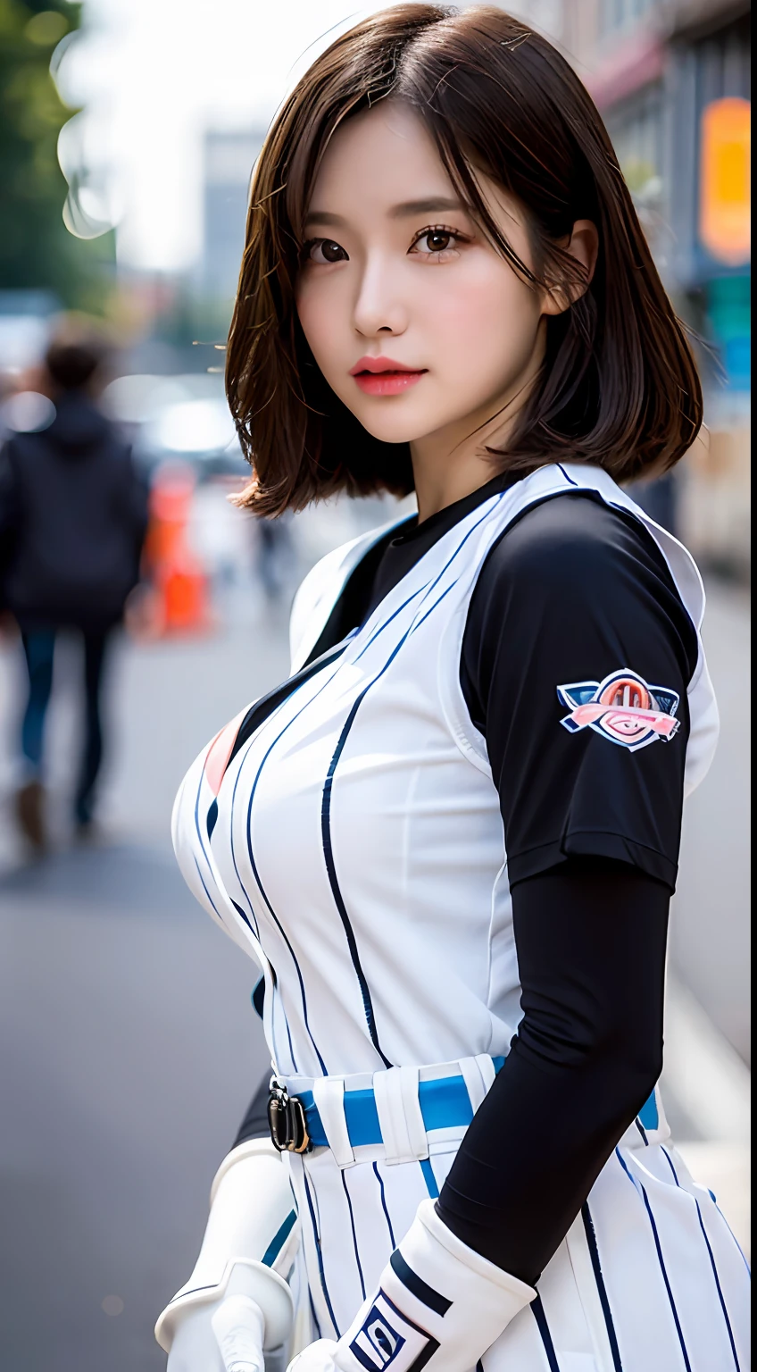 (​masterpiece, top-quality, a beauty girl, kawaii faces:1.5), Casual Hair, (The upper part of the body, bangss:1.2), Small waist, (Simple background:1.4), In the street, A clear day:1.2, shorth hair, face lights, 8K, Official art, Raw foto, incredibly absurdness, depth of fields, Look at viewers, A hyper-realistic, hight resolution, a picture, film grains, chromatic abberation, foco nítido, Bokeh background、Dynamic lighting、highest details、ighly detailed、ultra-detailliert、detaile、extremely detailed eye and face,large full breasts,baseball uniform,Bring gloves and baseballs