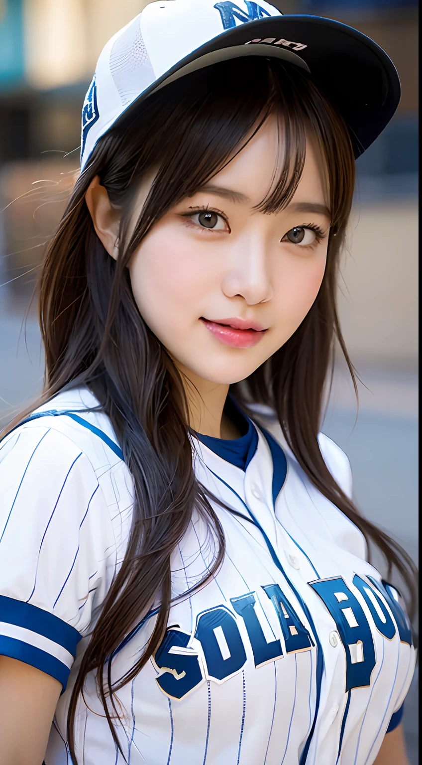 (masterpiece, top-quality, a beauty girl, kawaii faces:1.5), Casual Hair, (The upper part of the body, bangss:1.2), Small waist, (Simple background:1.4), In the street, A clear day:1.2, shorth hair, face lights, 8K, Official art, Raw foto, incredibly absurdness, depth of fields, Look at viewers, A hyper-realistic, hight resolution, a picture, film grains, chromatic abberation, foco nítido, Bokeh background、Dynamic lighting、highest details、ighly detailed、ultra-detailliert、detaile、extremely detailed eye and face,large full breasts,baseball uniform,Bring gloves and baseballs