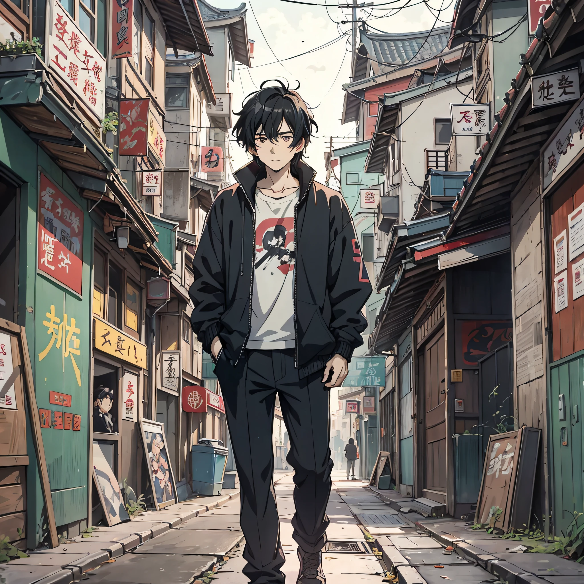 Anime style 4K，Anime rendering，style of anime，Old areas of China，A young man with messy black hair，Old neighborhood，worn-out，An expression of distress，