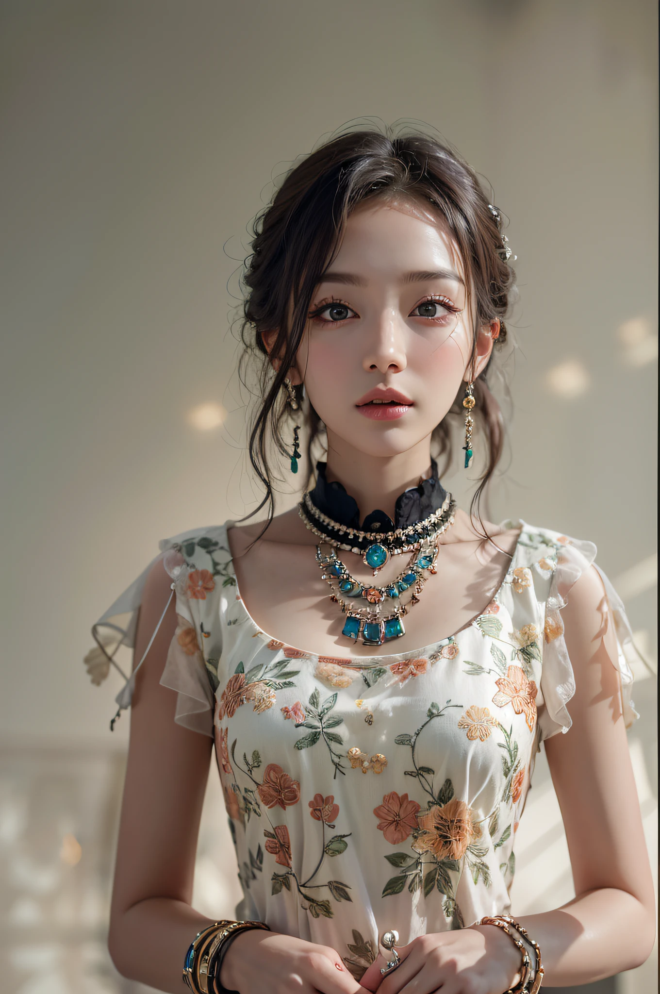 Best Quality, Masterpiece, High Resolution, 1girl, Porcelain Dress, Hair Accessories, Necklace, Jewelry, Pretty Face, On Body, Tyndall Effect, Realistic, Shadow Studio, Rim Lighting, Dual Tone Lighting, (High Detail Skins: 1.2), 8k UHD, dslr, soft light, high quality, volume light, sneak shot, photo, high resolution, 4k, 8k, background blur,