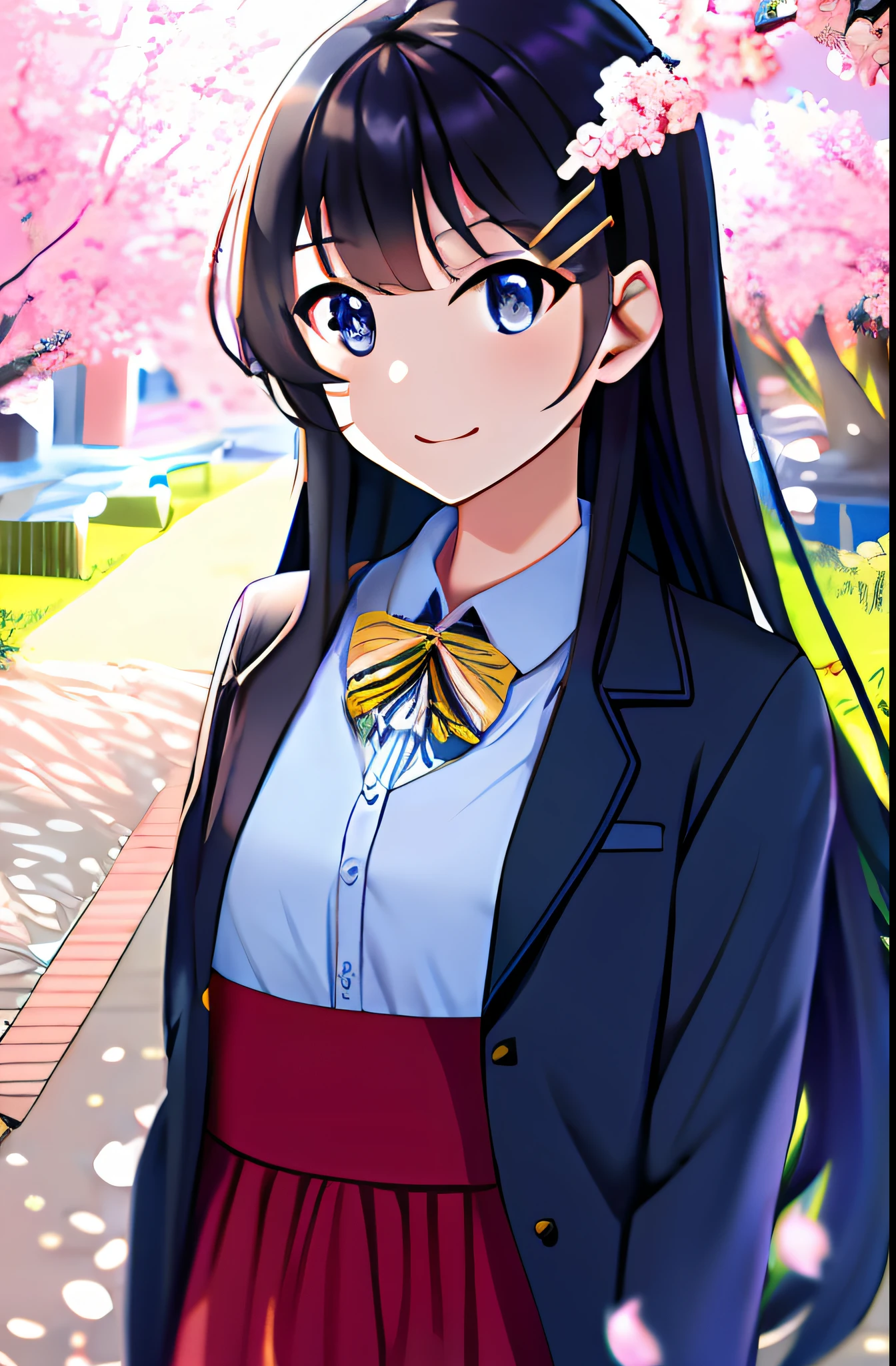 Masterpiece, Best quality, 1girll, Solo, Long_Hair, Looking_at_peeping at the viewer, Smile, bangs, Blue_Eyes, black_Hair, Hair_decorations, Long_Sleeves, dress, Closed_Mouth, 鎖骨, Jacket, Outdoors, Open_clothes, sky, day, hair pin, tree, Blue_sky, petals,  cherry_blossoms, Yellow_dress, Rabbit_Hair_decorations, atdan