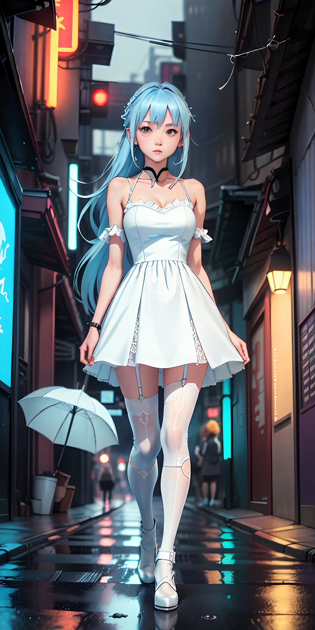 （best qualtiy，tmasterpiece：1.3），CG, 1girll，white camisole，White gauze dress， Rainy days， Mist， alleys， Umbrellas， Large and transparent umbrella， looking at viewert， blue  hair， facing the photo， Cyberpunk-city， Alone in the alley， Neon lights in the alley， Very reflective city， long whitr hair， Hair-sized strands cross the alley， Riman， jpn， toyko， White garter on one leg， White knee pads on the other leg， perfect hand，delicated，the night