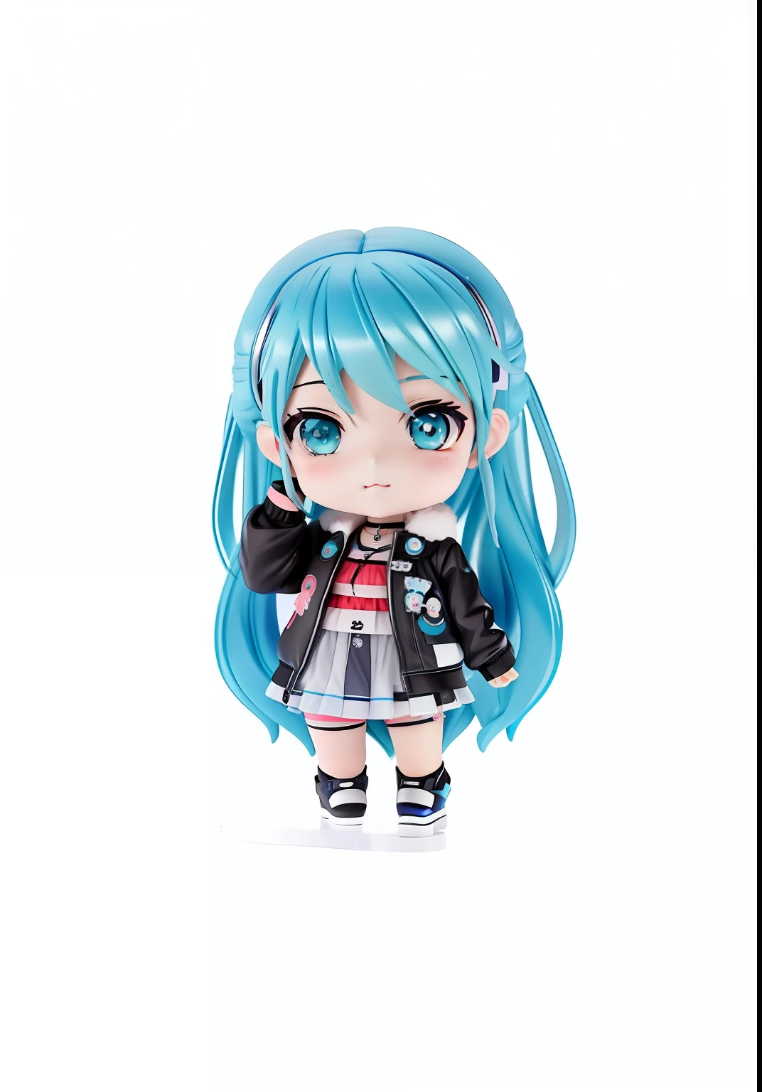 Anime girl with blue hair and black jacket, Anime girl with teal hair,, mikudayo, style as nendoroid, Chibi anime girl, anime moe art style, anime chibi, chibi girl, tchibi, visual novel sprite, Kantai collection style, chibiStyle, Hatsune Miku, up of young anime girl