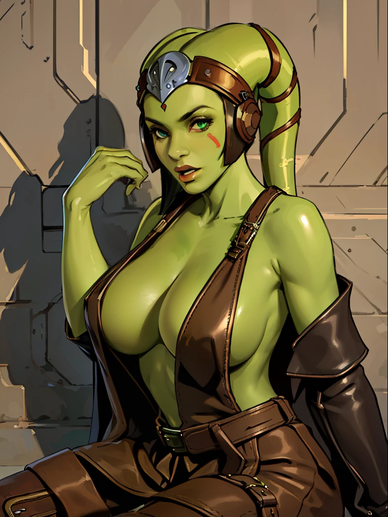 (best quality, masterpiece, highly detailed), 1girl, (green skin), sexy Twi'lek, large breasts, Jedi, dark brown robes, Jedi robes, beige tunic, loose trousers, long boots, brown leather, buckles, straps, Star Wars, lekku markings