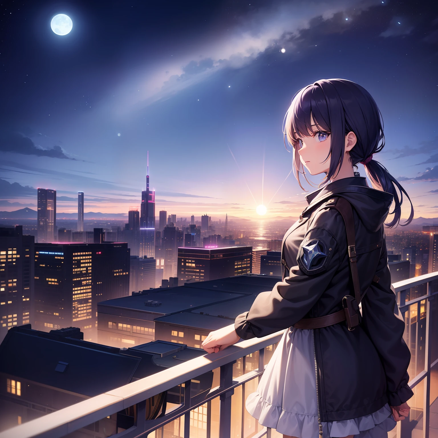 The Best Work - Cyberpunk Setting, featuring a young girl in a dress, looking up at the sky. The theme is a small part of the composition, and her facial features are clear. She stands on a bridge under a starry night, reminiscent of the composition in the movie 'Your Name',Bustling，Gorgeous background，Buildings，Side，On the bridge，Next to the railing，Side face，The lens is blurry，Lots of light，The Moon is in the distance