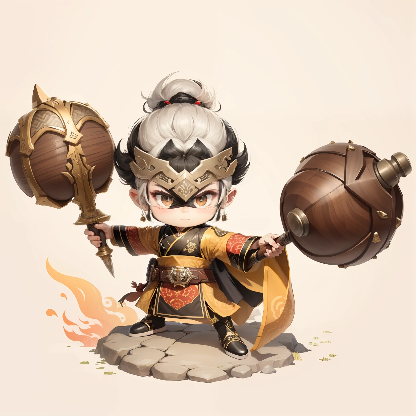 male people,Male characters,tchibi,Bad,Twin hammer weapon,Double hammer,The hammer has a delicate pattern,Flowing hem,China-style,Chinese-style clothing,Chinese shoes,There are beautiful patterns on the weapon grips,Refinement,Fine painting,Refinement,infinite details,high definition detail,Delicate belt,Belt accessories,Male characters,Blindfolds,Black color hair,Patterned,Pattern,Blank background,Bright colors,Metal edging
