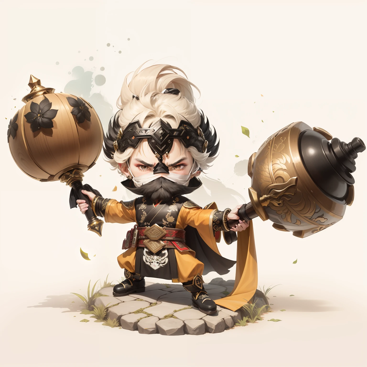 male people，Male characters，tchibi，Bad，Twin hammer weapon，Double hammer，The hammer has a delicate pattern，Flowing hem，China-style，Chinese-style clothing，Chinese shoes，There are beautiful patterns on the weapon grips，Refinement，Fine painting，Refinement，infinite details，high definition detail，Delicate belt，Belt accessories，Male characters，Blindfolds，Black color hair，Patterned，Pattern，Blank background，Bright colors，Metal edging