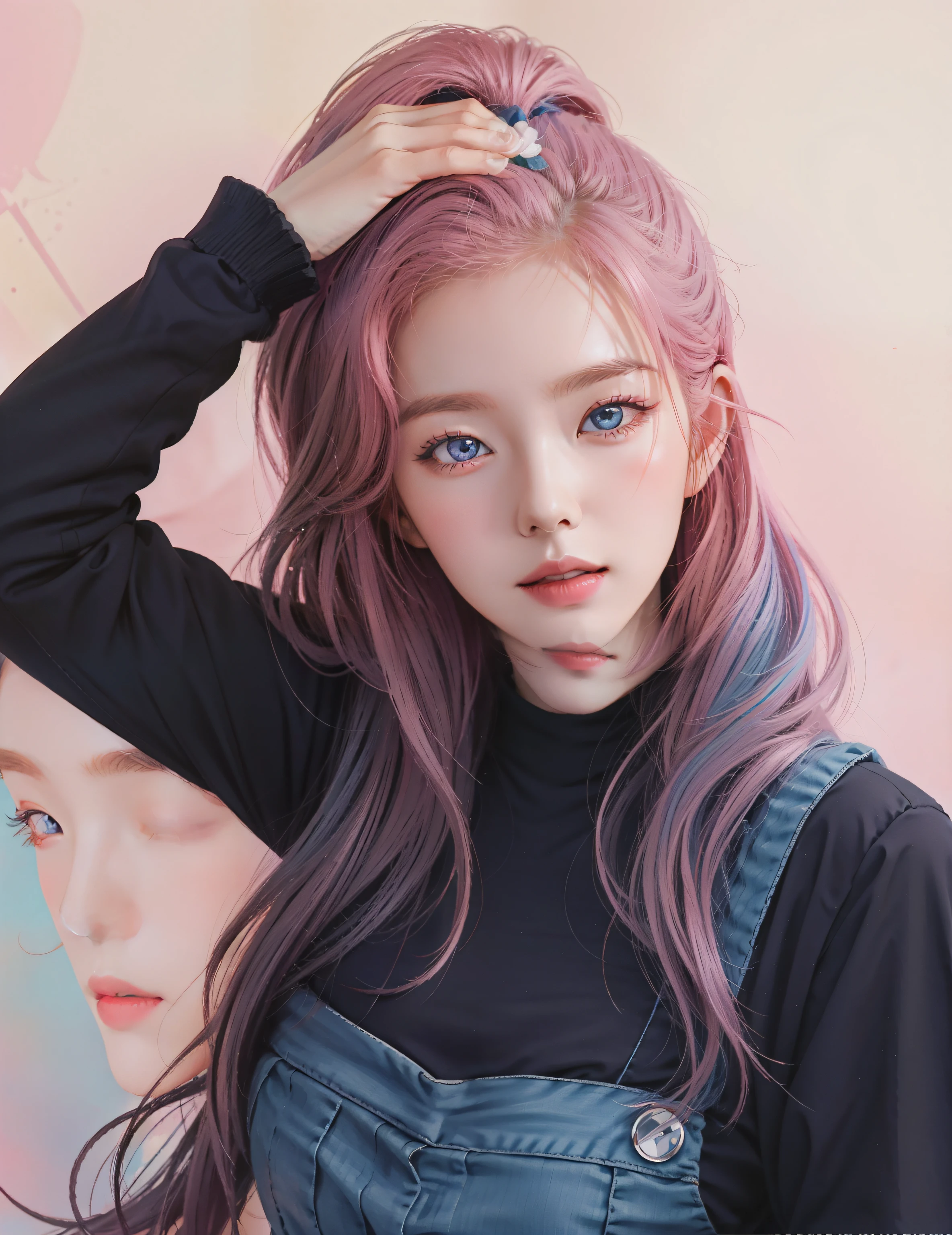 A woman with pink hair and blue eyes poses, Kawaii realistic portrait, Guviz-style artwork, portrait of jinx from arcane, rossdraws pastel vibrant, lois van baarle and rossdraws, Realistic art style, rossdraws portrait, Style Artgerm, cute portrait, Ross Tran style, Rosla 1. 0