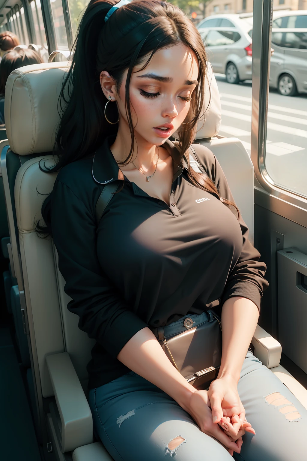 1 beautiful woman, large body, black and brown hair on ends, ponytail, eyelids made up, eyelids outlined with makeup, black long-sleeved polo shirt with neckline, neckline, strappy neckline, light blue jeans, cream clutch, wearing headphones, sleeping open-mouthed, asleep on the bus seat, head hanging, mouth wide open, nodding.