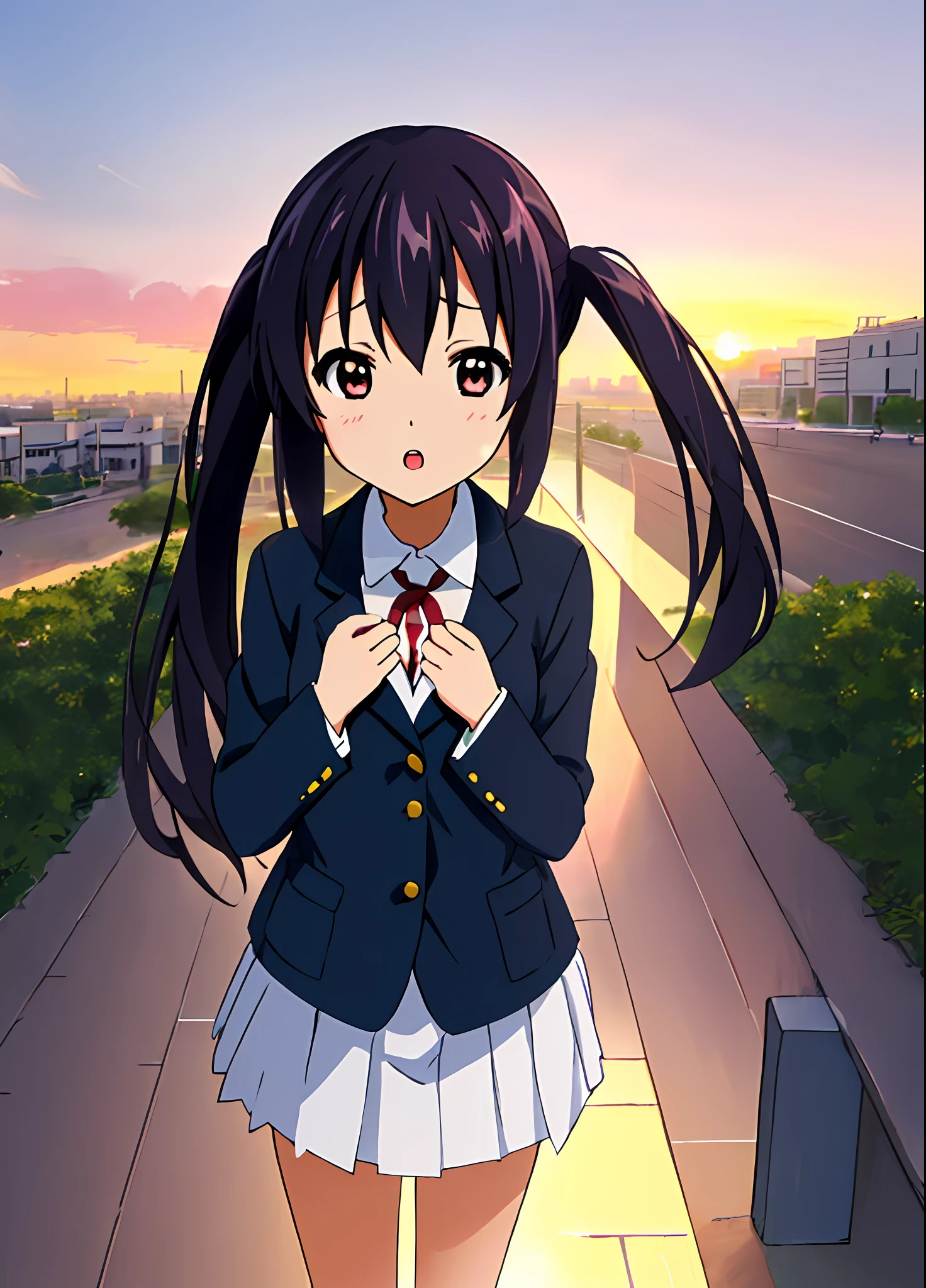 1girl, (((​masterpiece))), top-quality, top-quality, High Details, nakano azusa, 1girl, Sakuragaoka High School Uniform, student clothes, Twin-tailed, length hair, A dark-haired, brown-eyed, 独奏, reddish, Dark blue blazer with thin red ribbon, Solid white buttoned shirt under blazer, illustratio, comic strip, soothing tones, Subdued Color, Soft cinematic light, adobe lightroom, photolab, HDR, intricately and hyper-detailed、(((depth of fields))))。(((​masterpiece)))。(((top-quality))).)((ultra-detailliert)))。(((illustratio)))。(((takeout))).dynamic focus.big breasts.(((Skyscrapers))).(((A city scape))).(((Face of sadness))). open mouth.(((put hands on the hip))).(((up chest))).((evening glow)).((the setting sun)).