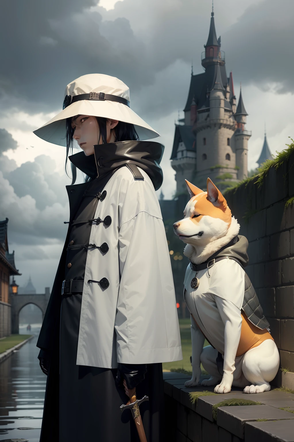 Hakushiba Inu，anthropomorphic turtle，bucket-hat，a black trench coat，Cold，rainy evening，Long knives，castle wall，sideface，Blackn clothes，Black hat，Chinese style in the background