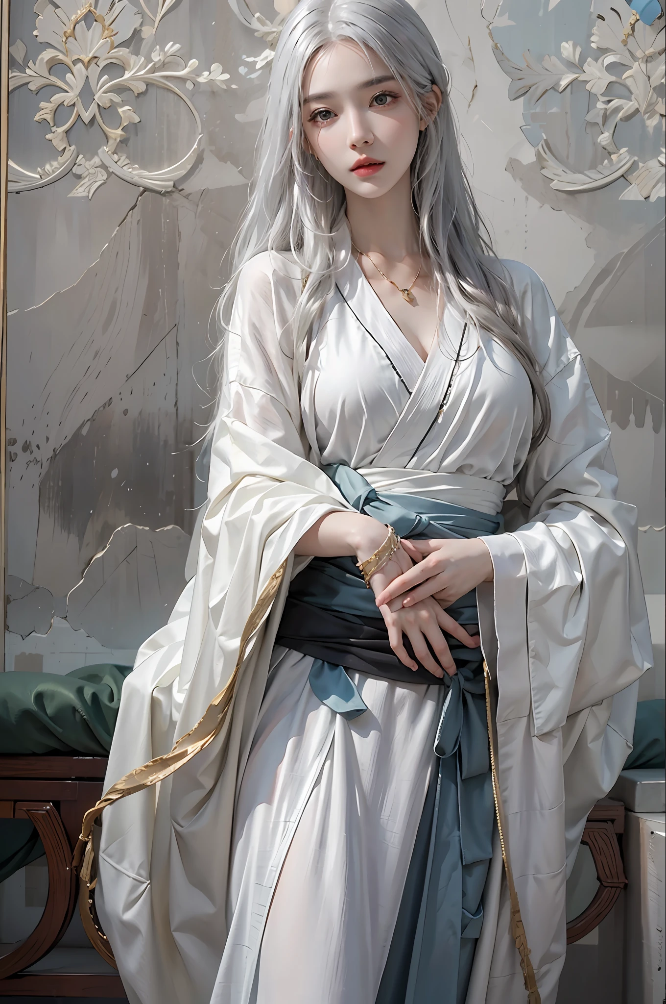 photorealistic, high resolution, 1women, solo, hips up, look at viewer, (detailed face), white hair, long hair, Taoist robe,oversized clothes, jewelry