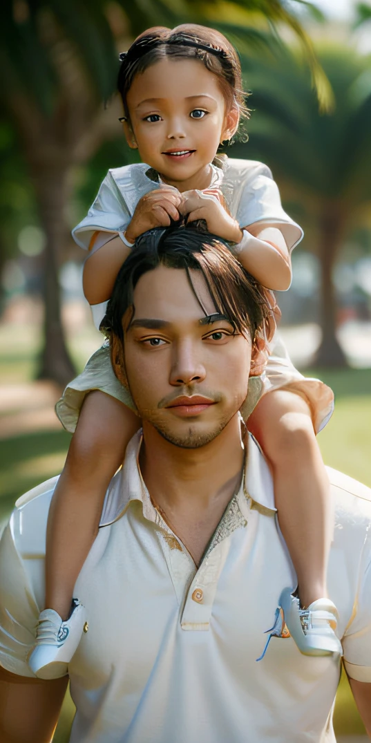 A father and son, Son riding his father's shoulders, Sortie sur le terrain, de nombreux ballons, contenu, contenu, perfect quality, Objectif clair (Encombrement-maison: 0.8), (Masterpiece: 1.2) (Realstic: 1.2) (Bokeh) (corps entier) (detailed skin: 1.3) (Intricate details) (8k) (detail eyes) (mise au point nette), (contenu), chaussure air jordan