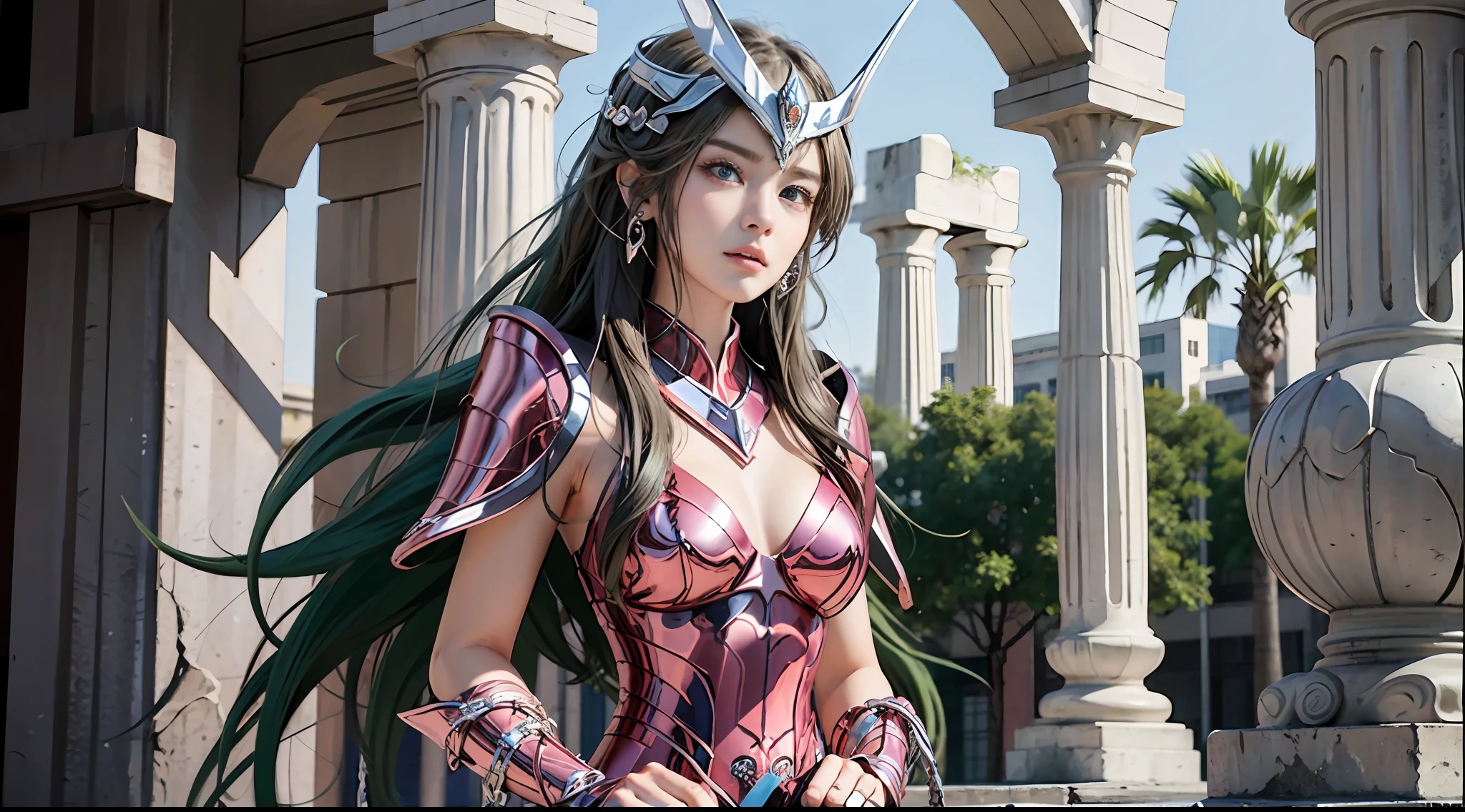 offcial art，统一 8k 壁纸，ultra - detailed，Beauty and aesthetics，high high quality，Valkyrie，tmasterpiece，Best quality at best，（zentangle，datura，Tangles，entangled：0.6），Greek temple，Large breasts，Heavy armor，complex patterns，Fighting posture，dramatics，Photorealistic, Super detail, Masterpiece, Best quality, A high resolution, 8K，full body shot shot