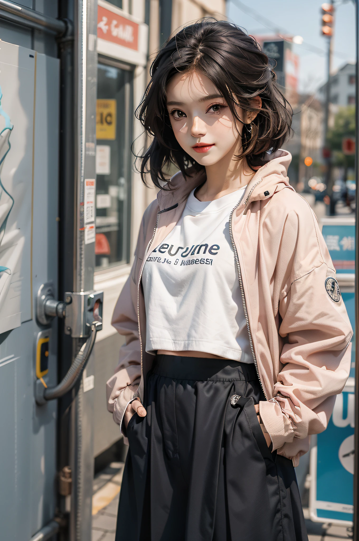 one-girl，Stylish sweatshirt, Windbreaker long skirt，Poster on the front，The color of the clothes is bright and simple，Cute, Very aesthetic，Realistic style anime，ssmile，self-assured，Put your hands in your pockets，tmasterpiece，ultraclear，8K，HighestQuali，