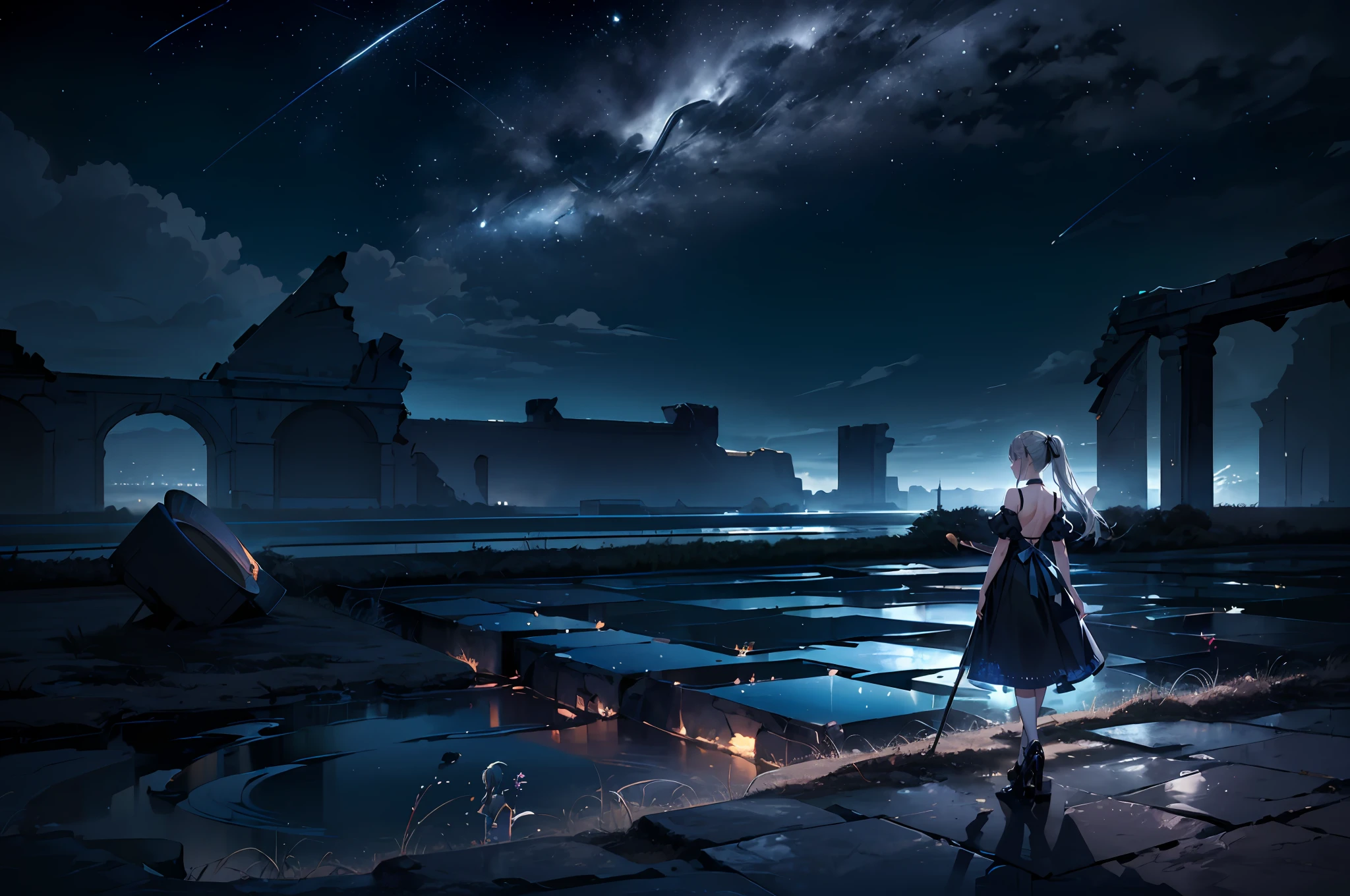 back view, long silver-haired twintails girl wearing shabby clothes, Blue Eye, black ribbons, Slim body, (Wide Angle), Watercolor painting, Hand drawn illustration, Highly detailed, Perfect composition golden ratio, masterpiece, Best Quality, 4K, Sharp Focus. Better hands, Perfect Anatomy.