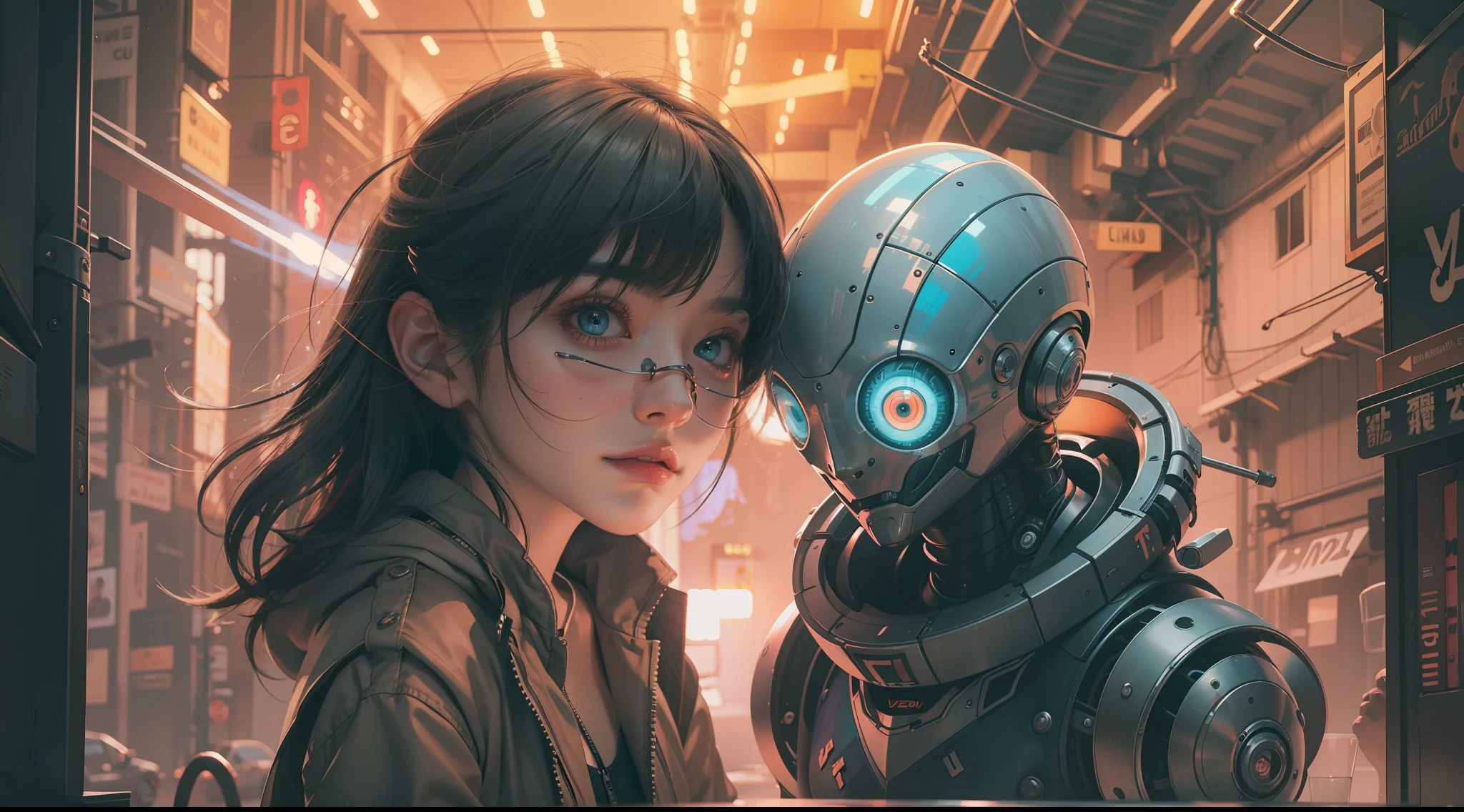 （best qualtiy，ultra - detailed，Best Illustration，Best shadow，masterpiece，A high resolution，professionalartwork，famous artwork），sci-fi，It depicts a young couple wearing colored sclera and a huge alien big cute with robot eyes， by Makoto Shinkai，by Artgerm，by wlop，by Greg Rutkowski，Volumetric lighting，octane render，4K，Trending on ArtStation，masterpiece